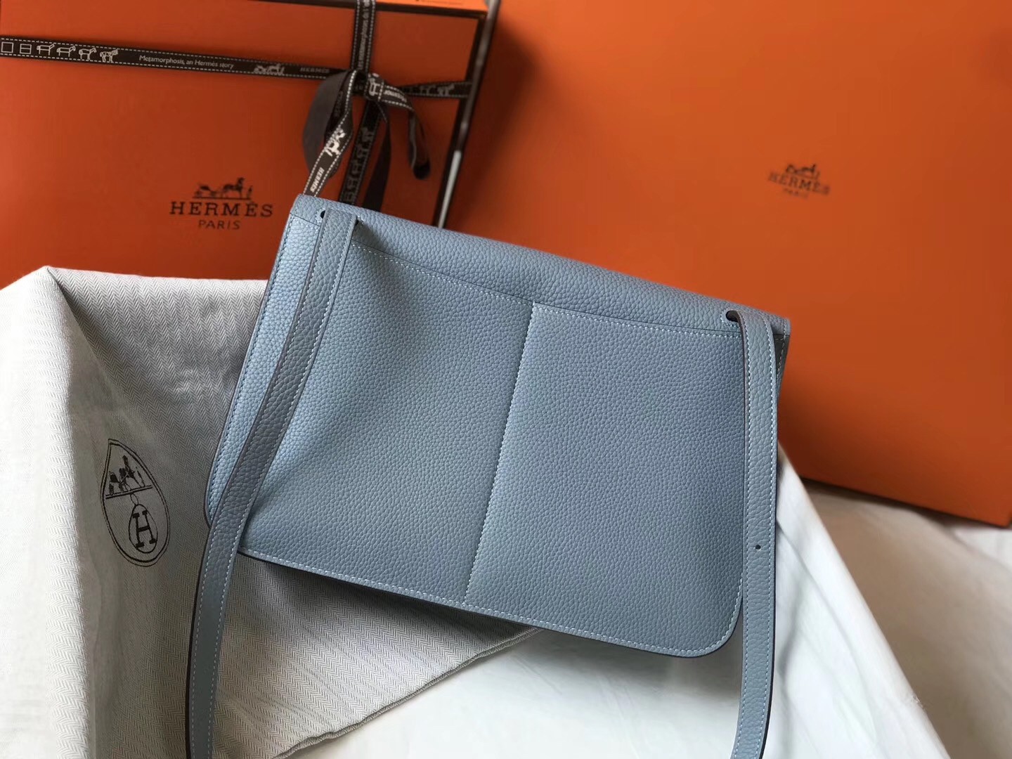 H**mes halzan 31cm bag in blue lin clemence leather