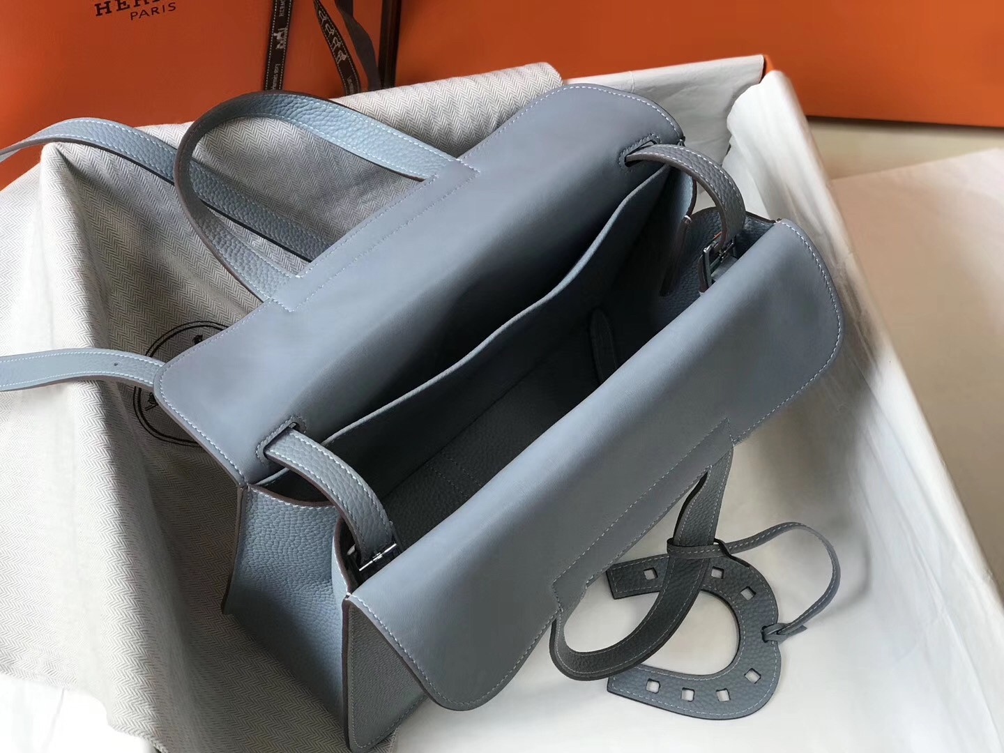 H**mes halzan 31cm bag in blue lin clemence leather