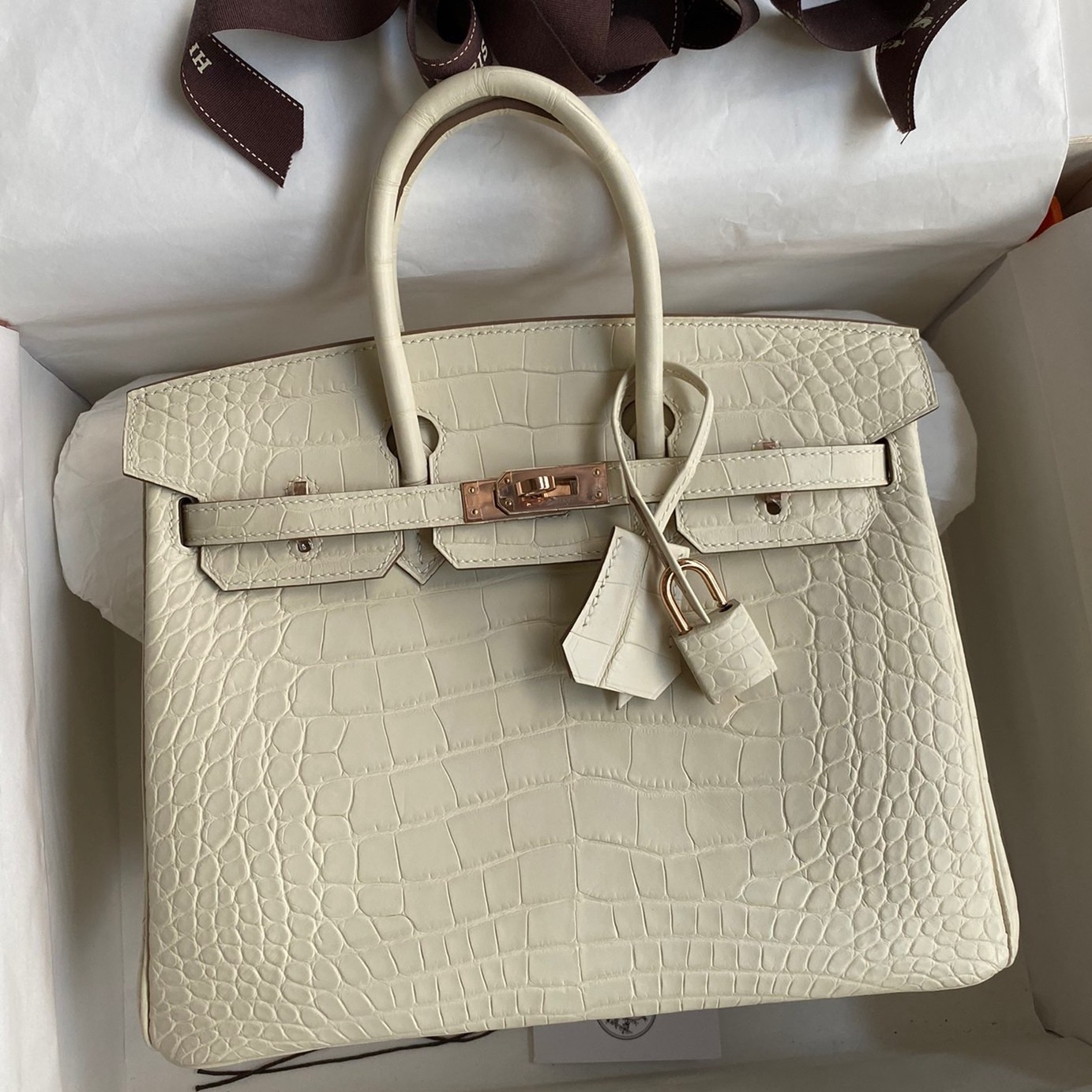 H**mes birkin 25 retourne handmade bag in nata matte alligator leather