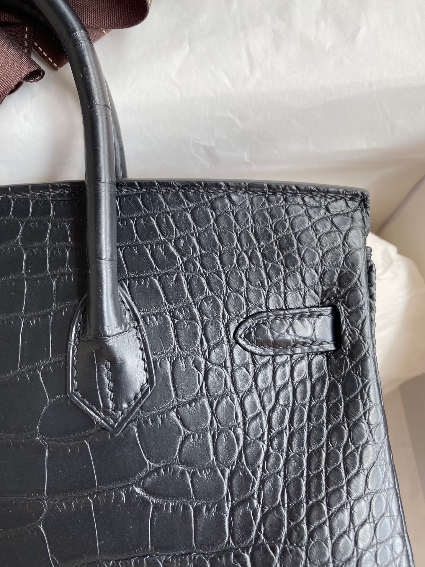 H**mes birkin 25 retourne handmade bag in black matte alligator leather