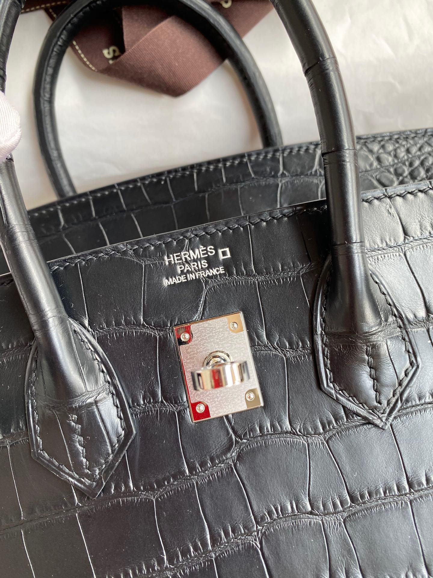 H**mes birkin 25 retourne handmade bag in black matte alligator leather