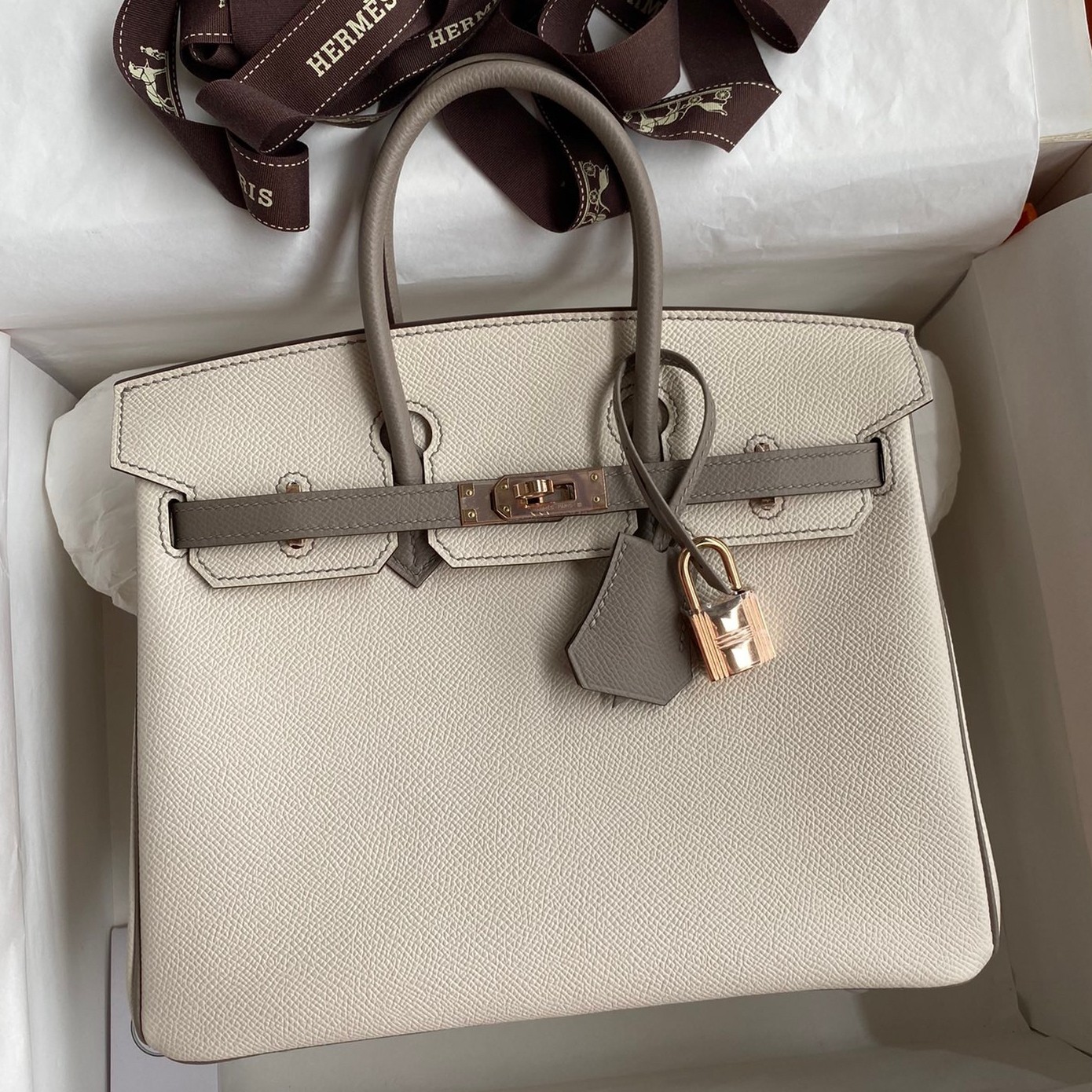 H**mes hss birkin 25 bicolor bag in craie and gris asphalt epsom calfskin