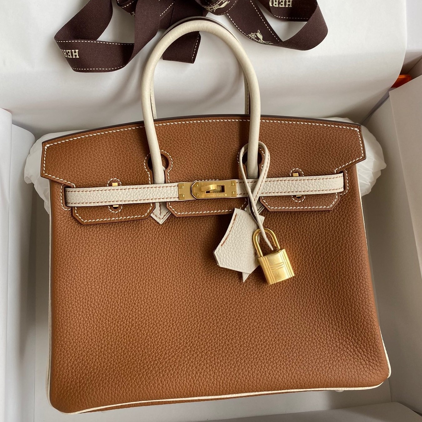 H**mes hss birkin 25 bicolor bag in gold and craie clemence leather