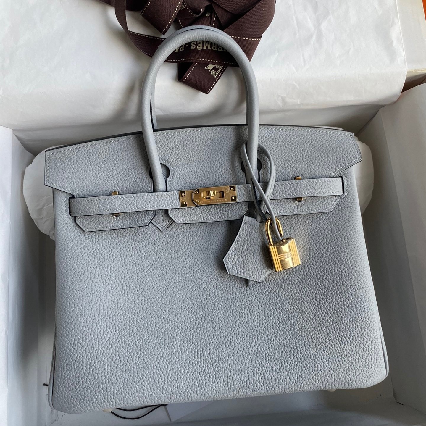 H**mes birkin 25 retourne handmade bag in blue glacier clemence leather