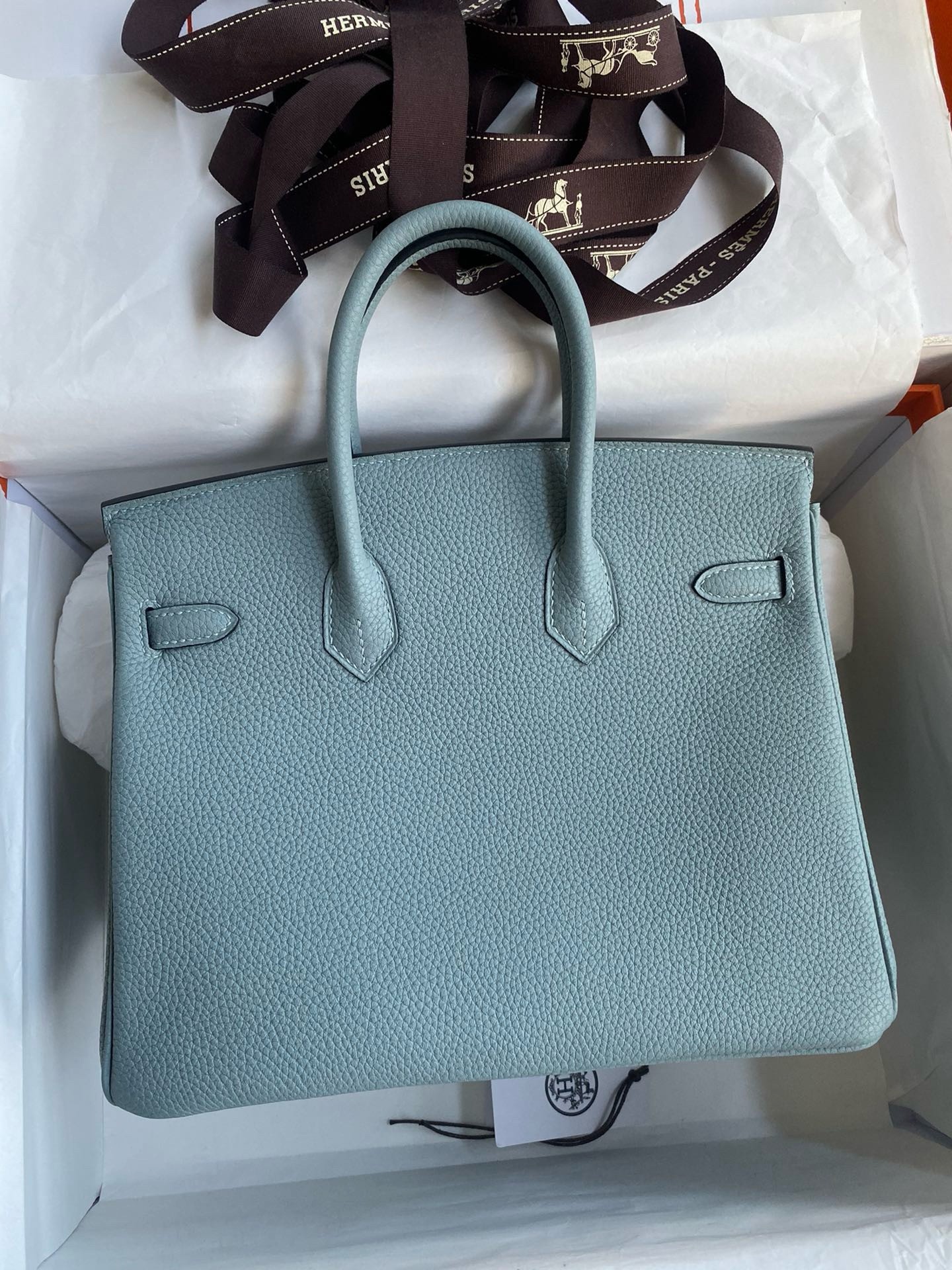 H**mes birkin 25 retourne handmade bag in ciel clemence leather