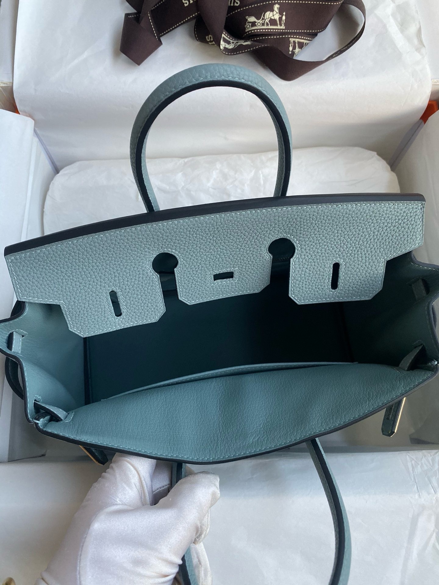 H**mes birkin 25 retourne handmade bag in ciel clemence leather