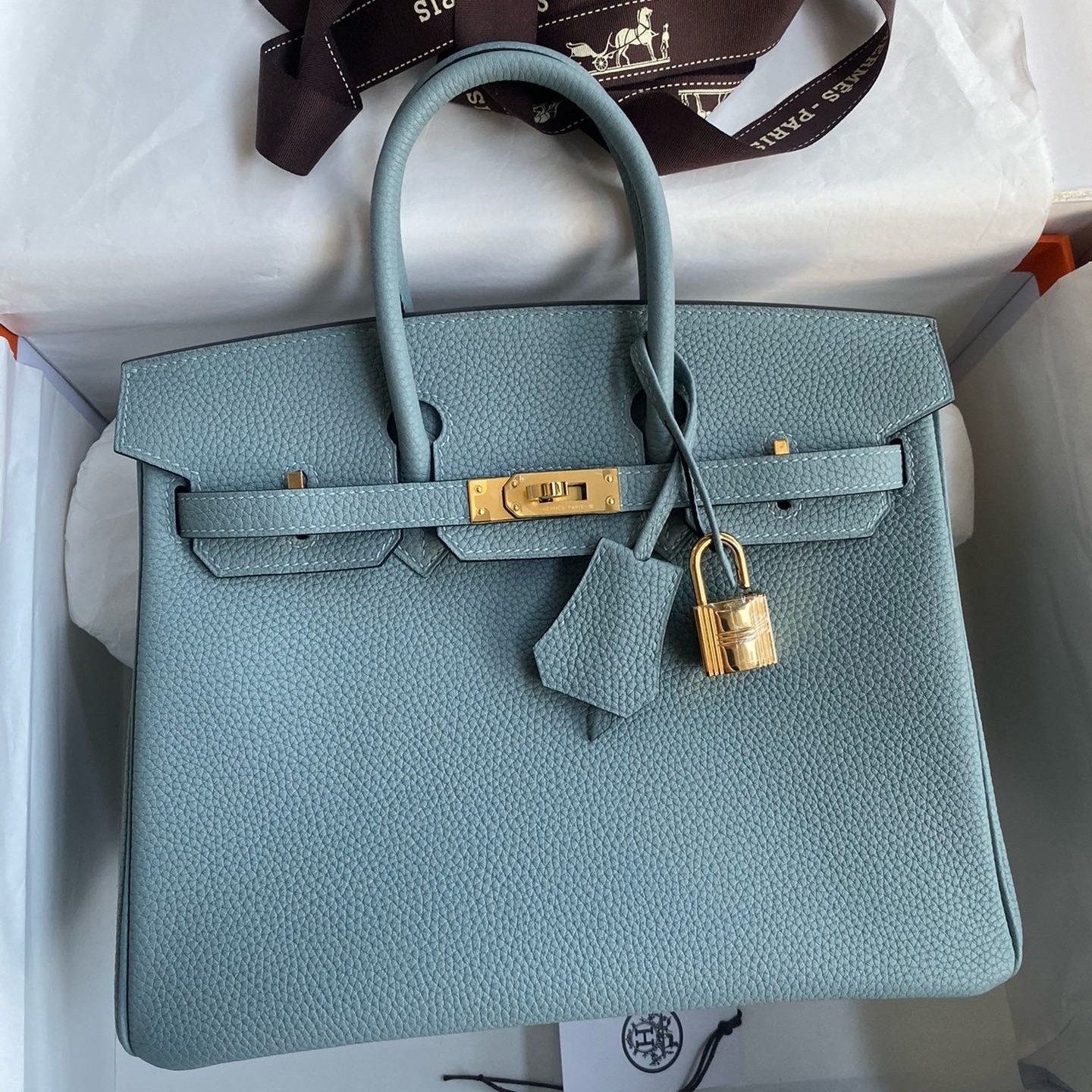 H**mes birkin 25 retourne handmade bag in ciel clemence leather