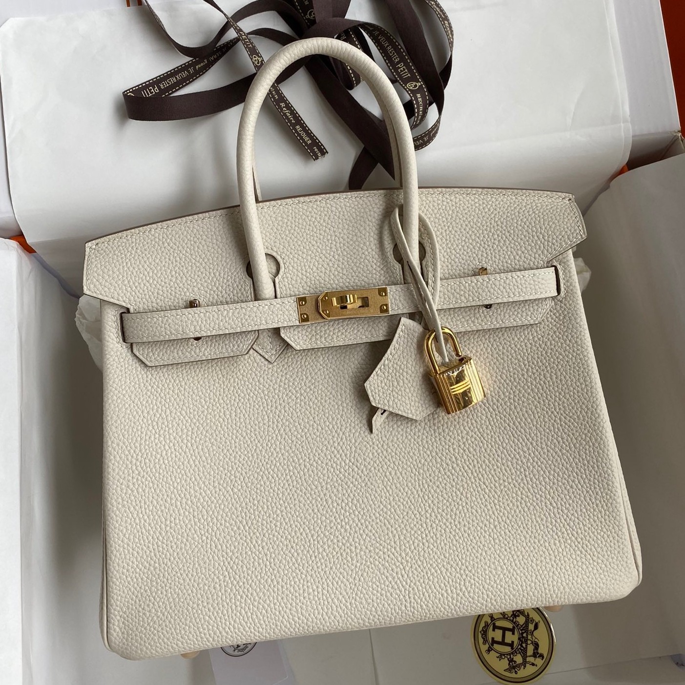 H**mes birkin 25 retourne handmade bag in craie clemence leather