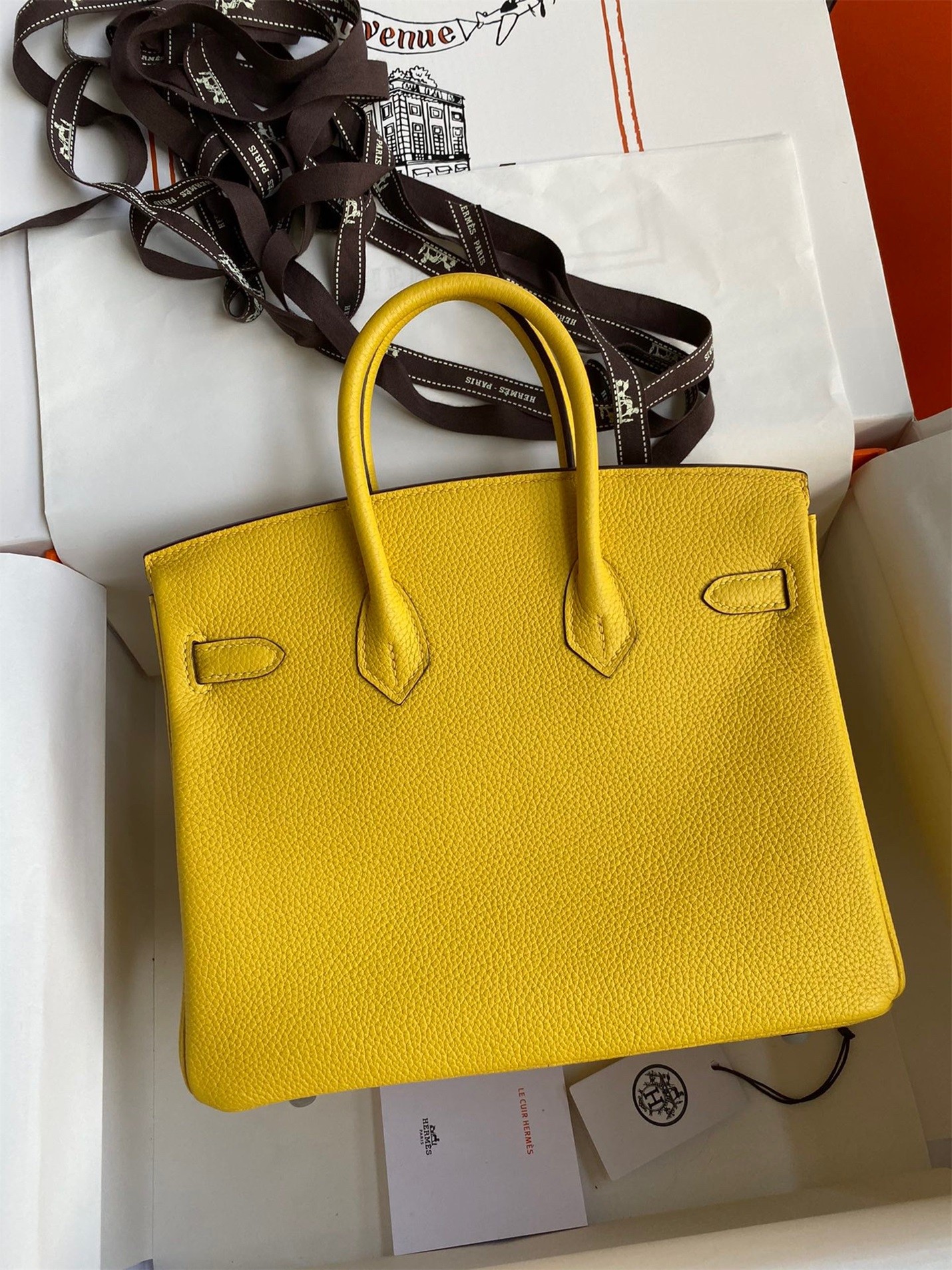 H**mes birkin 25 retourne handmade bag in jaune de naples clemence leather