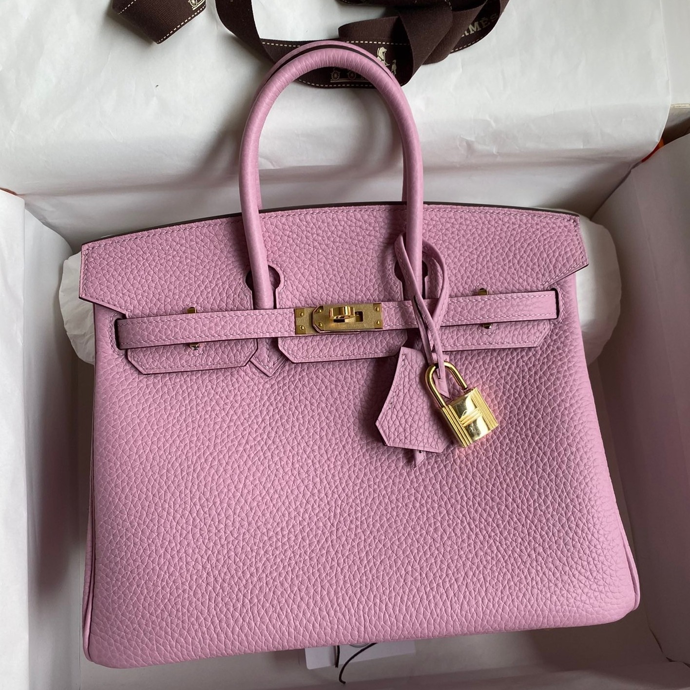 H**mes birkin 25 retourne handmade bag in mauve sylvestre clemence leather
