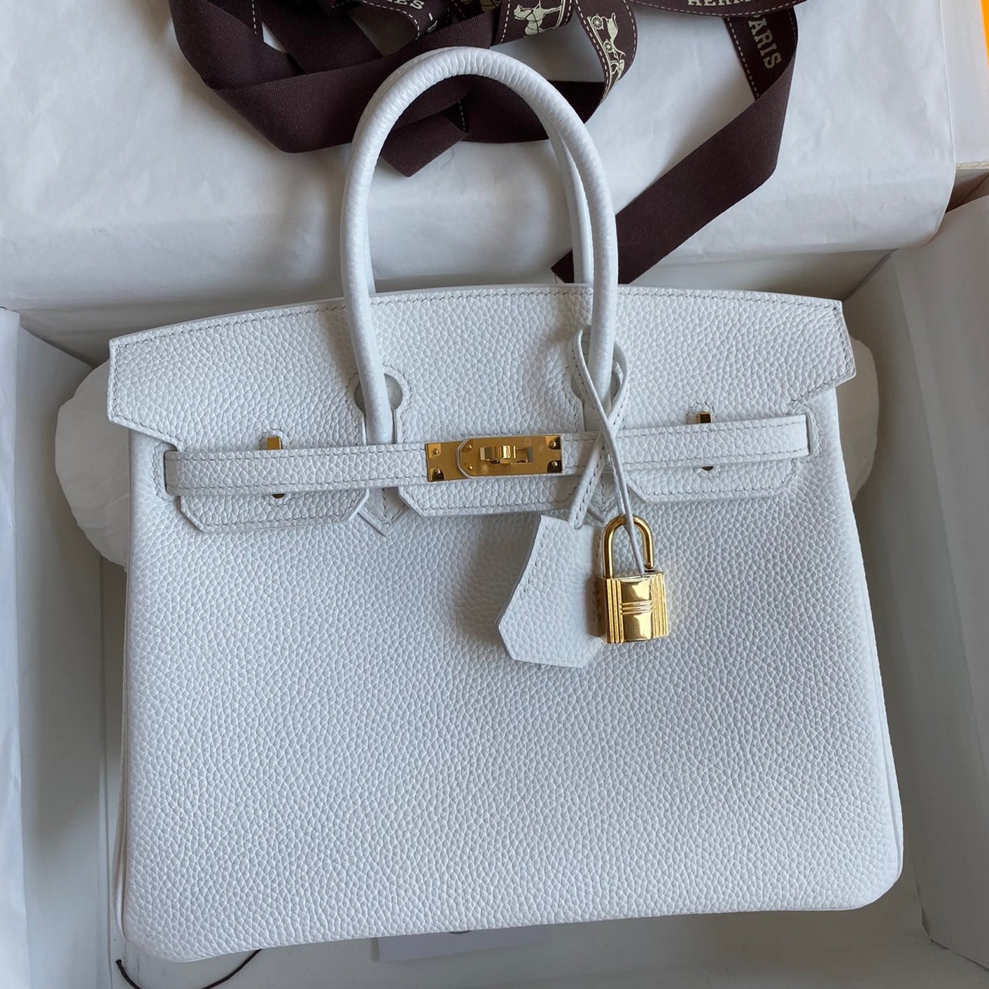 H**mes birkin 25 retourne handmade bag in white clemence leather