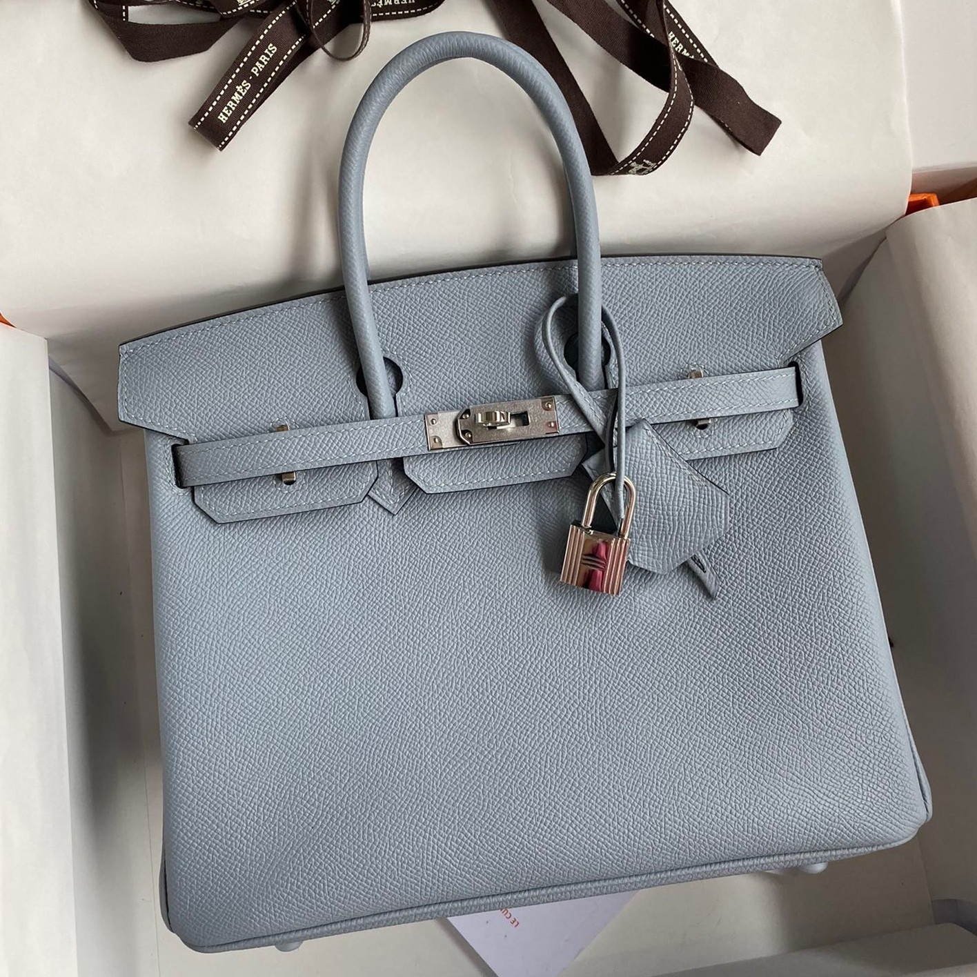H**mes birkin 25 retourne handmade bag in blue lin epsom calfskin