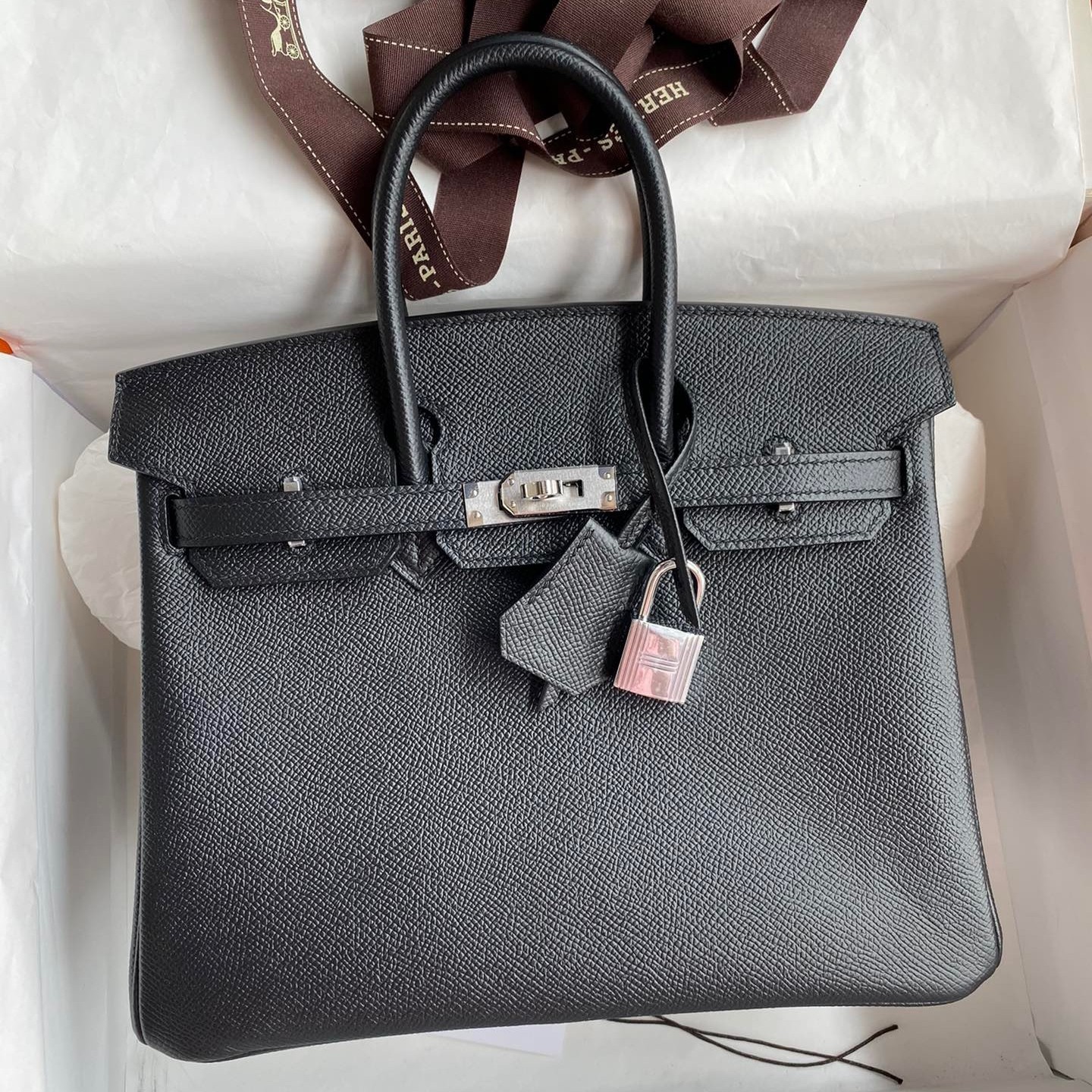 H**mes birkin 25 retourne handmade bag in black epsom calfskin