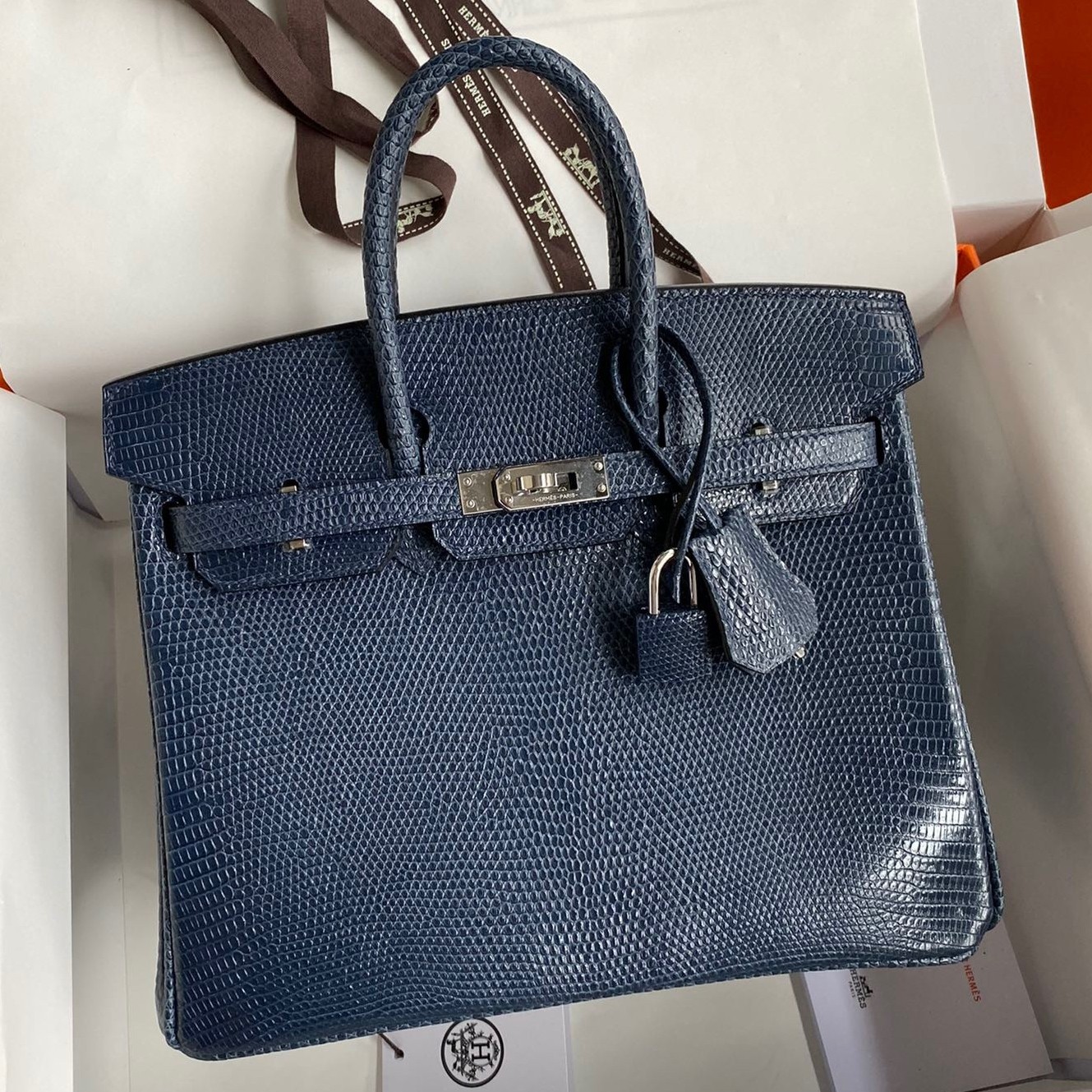 H**mes birkin 25 retourne handmade bag in blue saphir lizard leather