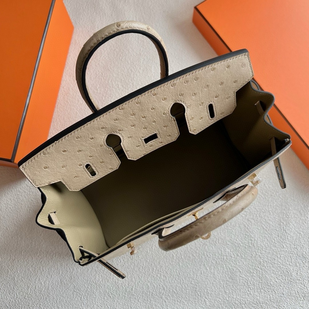H**mes birkin 25 retourne handmade bag in trench ostrich leather