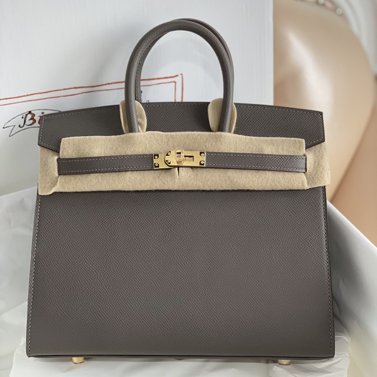 H**mes birkin 25 sellier handmade bag in etain epsom calfskin