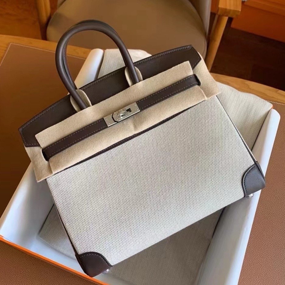 H**mes birkin 25 handmade bag in toile & chocolat swift leather