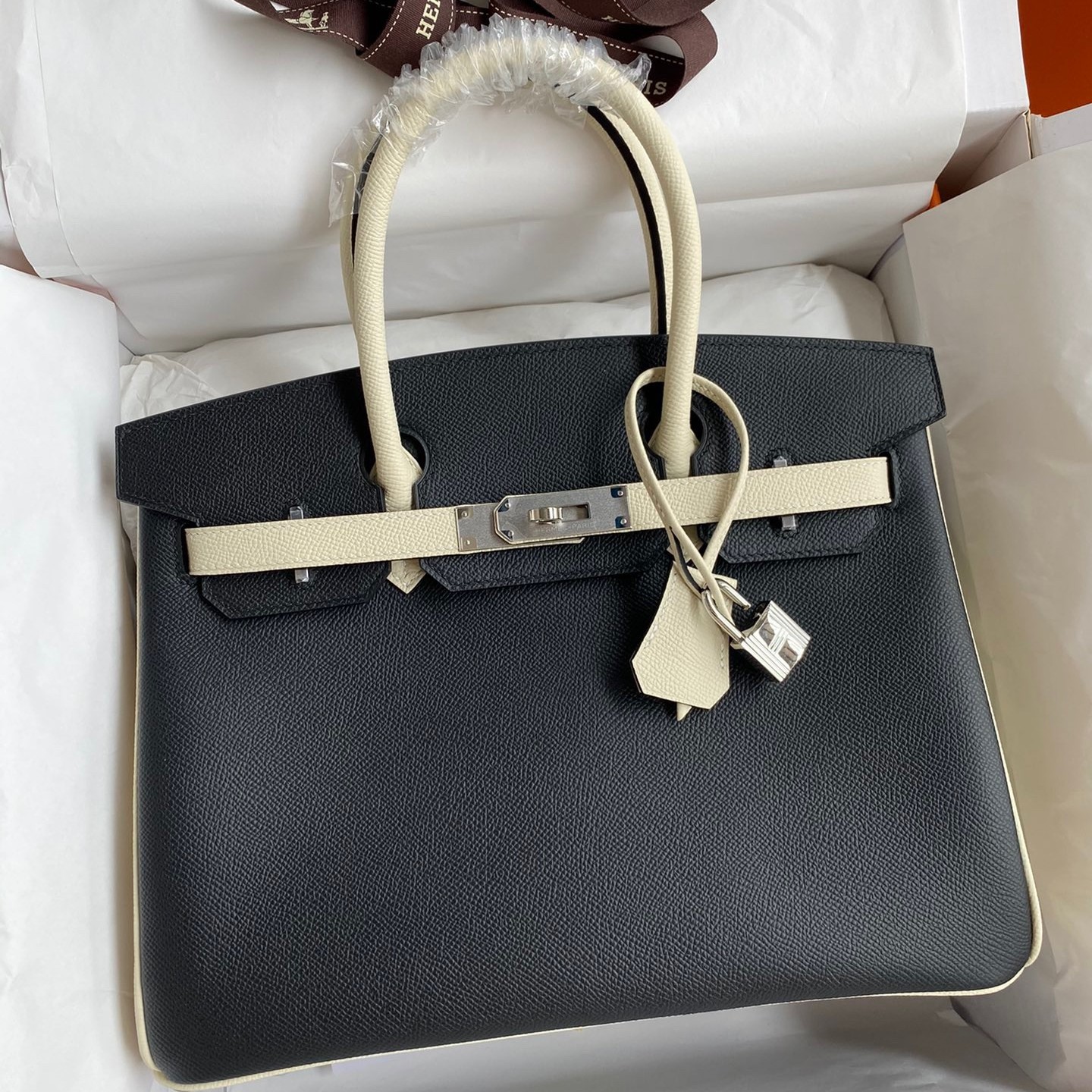 H**mes hss birkin 30 bicolor bag in black and craie epsom calfskin