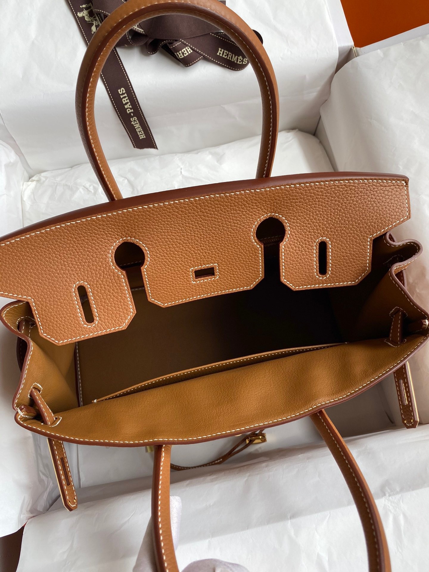 H**mes birkin 30 retourne handmade bag in gold clemence leather