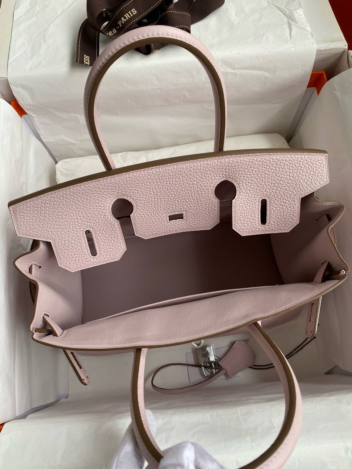 H**mes birkin 30 retourne handmade bag in mauve pale clemence leather