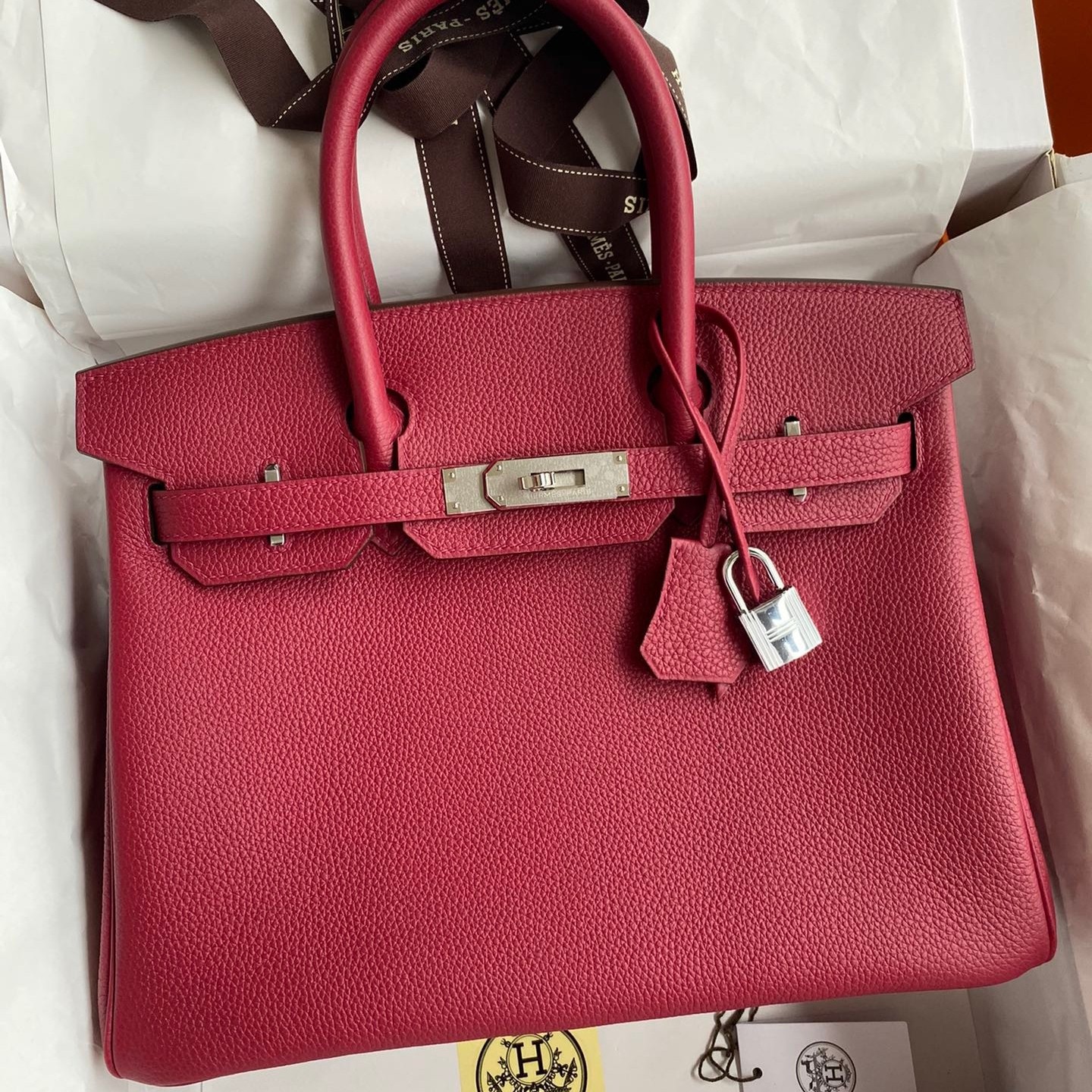 H**mes birkin 30 retourne handmade bag in rouge grenat clemence leather