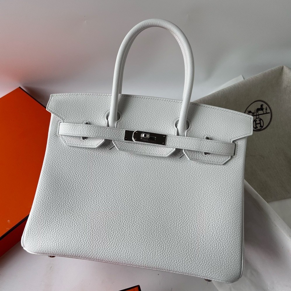 H**mes birkin 30 retourne handmade bag in white clemence leather