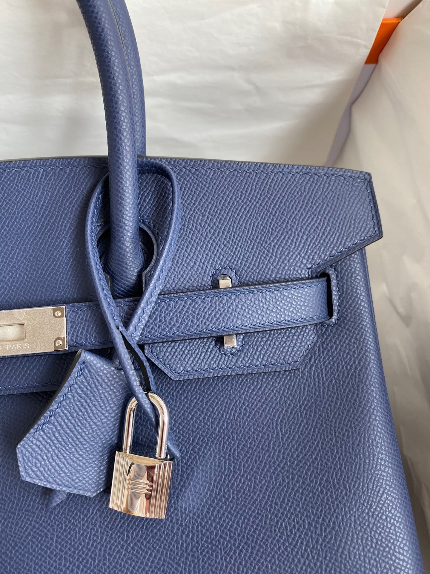 H**mes birkin 30 retourne handmade bag in blue saphir epsom calfskin