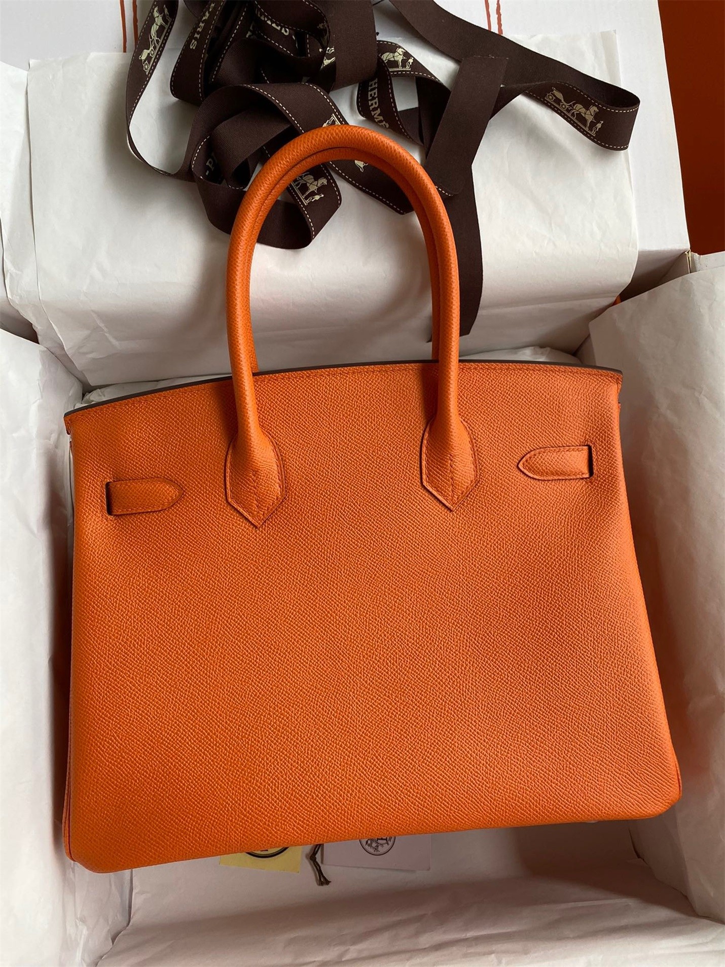 H**mes birkin 30 retourne handmade bag in orange epsom calfskin