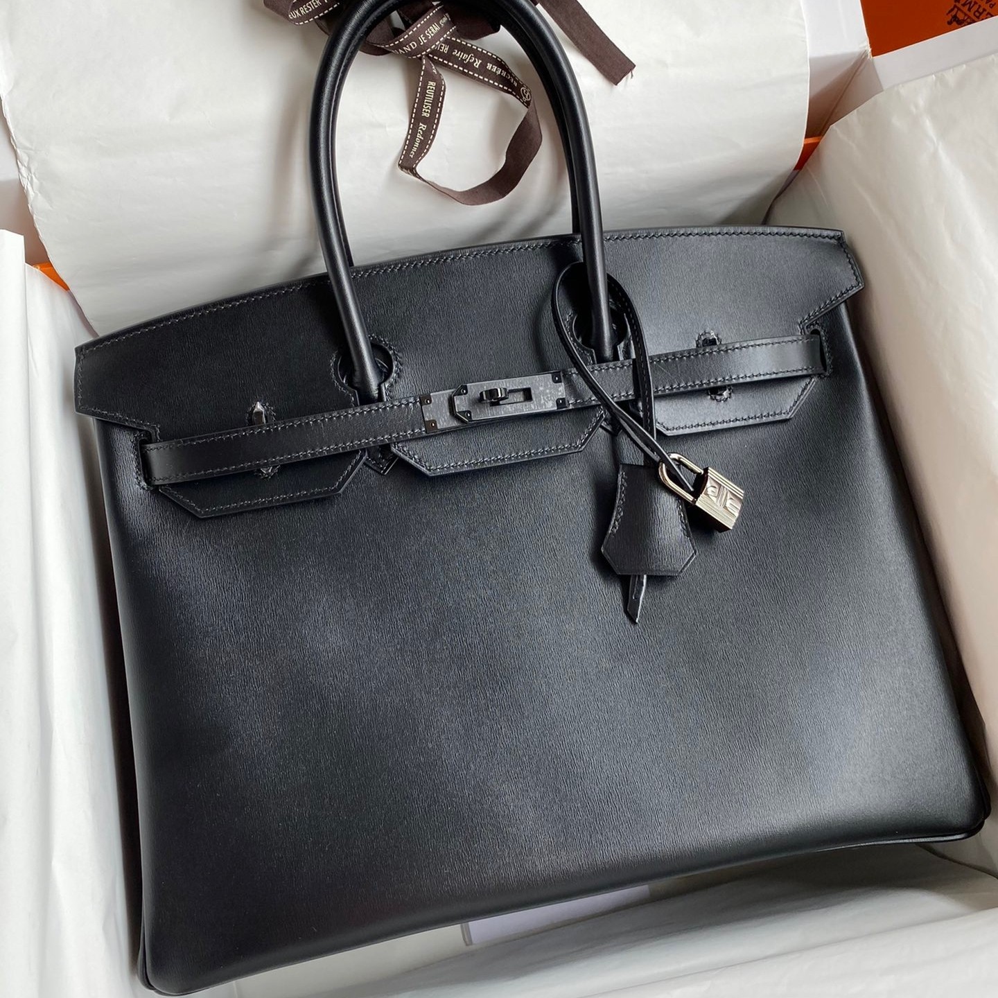 H**mes birkin 35 retourne handmade bag in black box calfskin