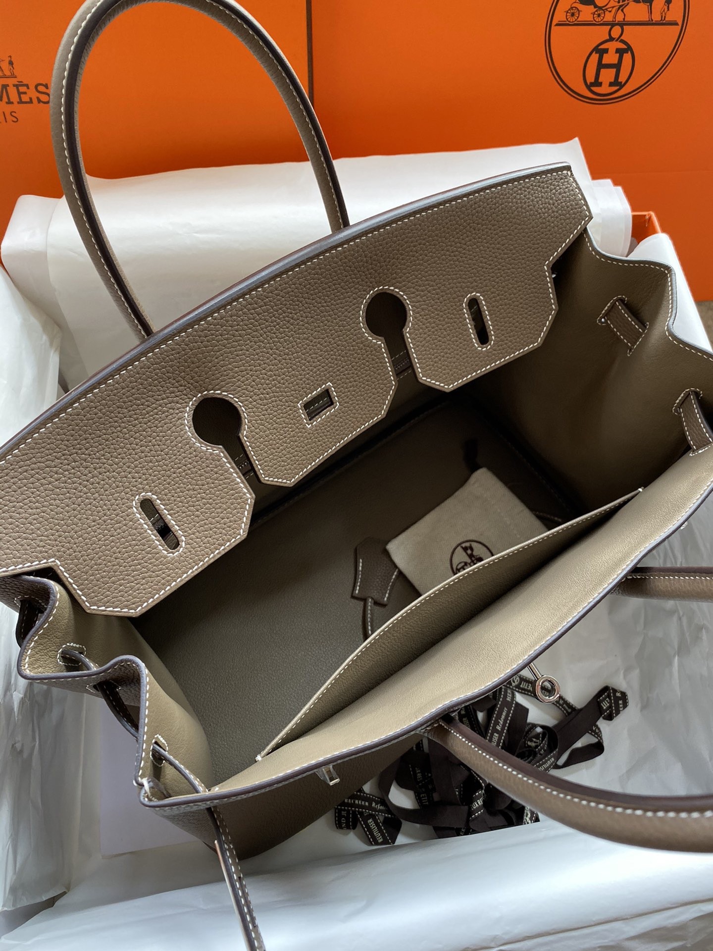 H**mes birkin 35 retourne handmade bag in taupe clemence leather