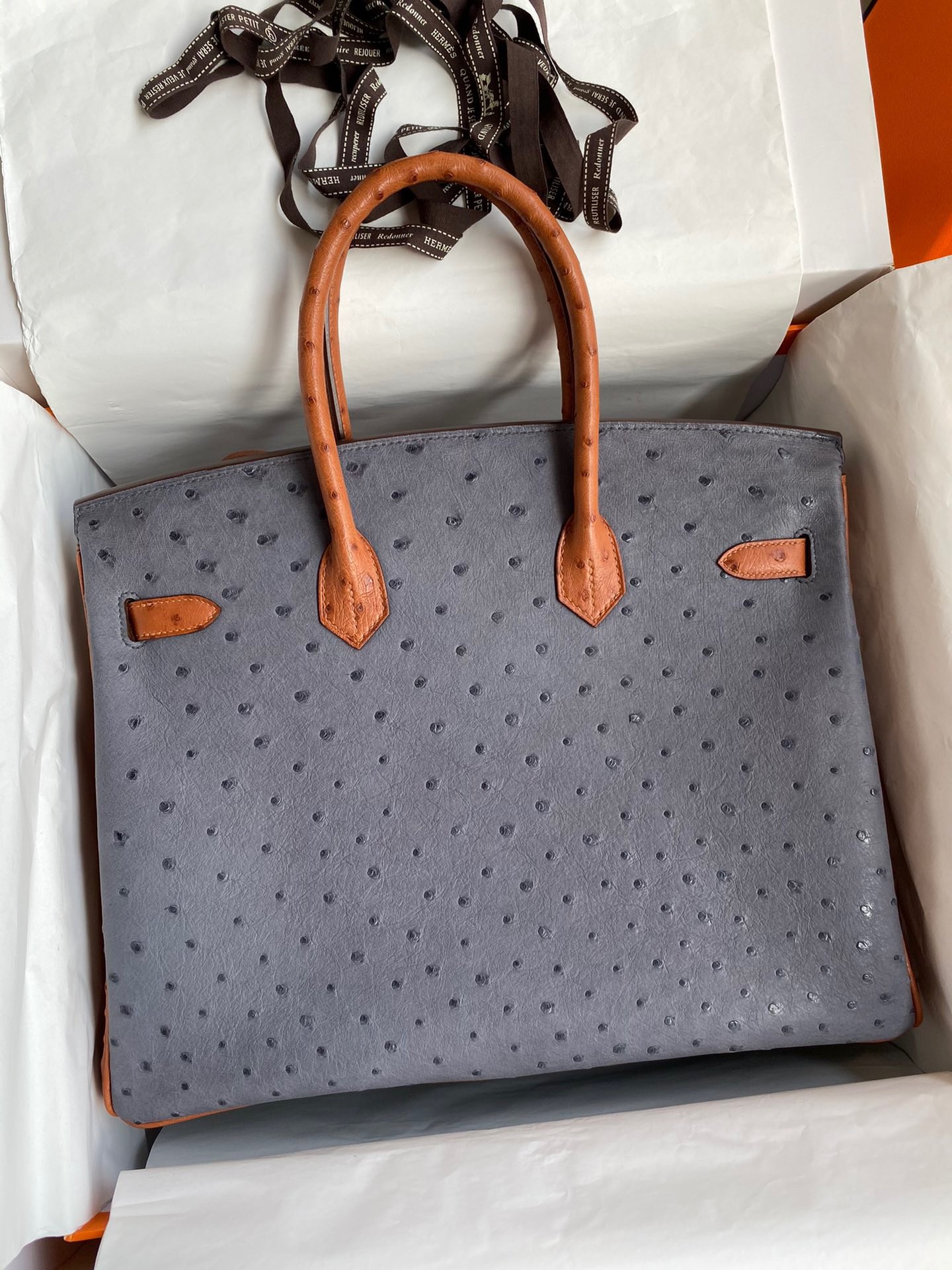 H**mes hss birkin 35 bicolor bag in gris agate and gold ostrich leather