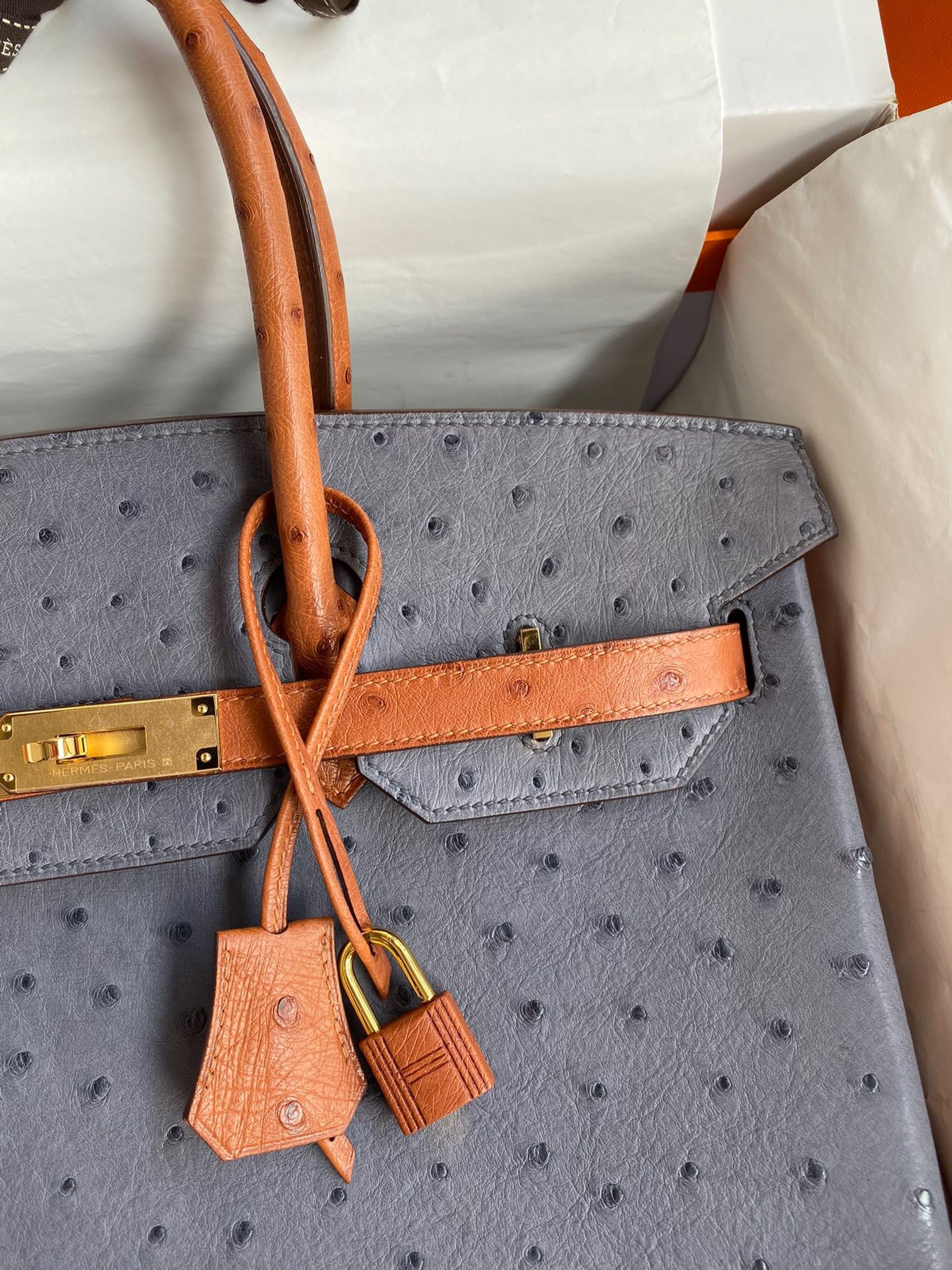 H**mes hss birkin 35 bicolor bag in gris agate and gold ostrich leather