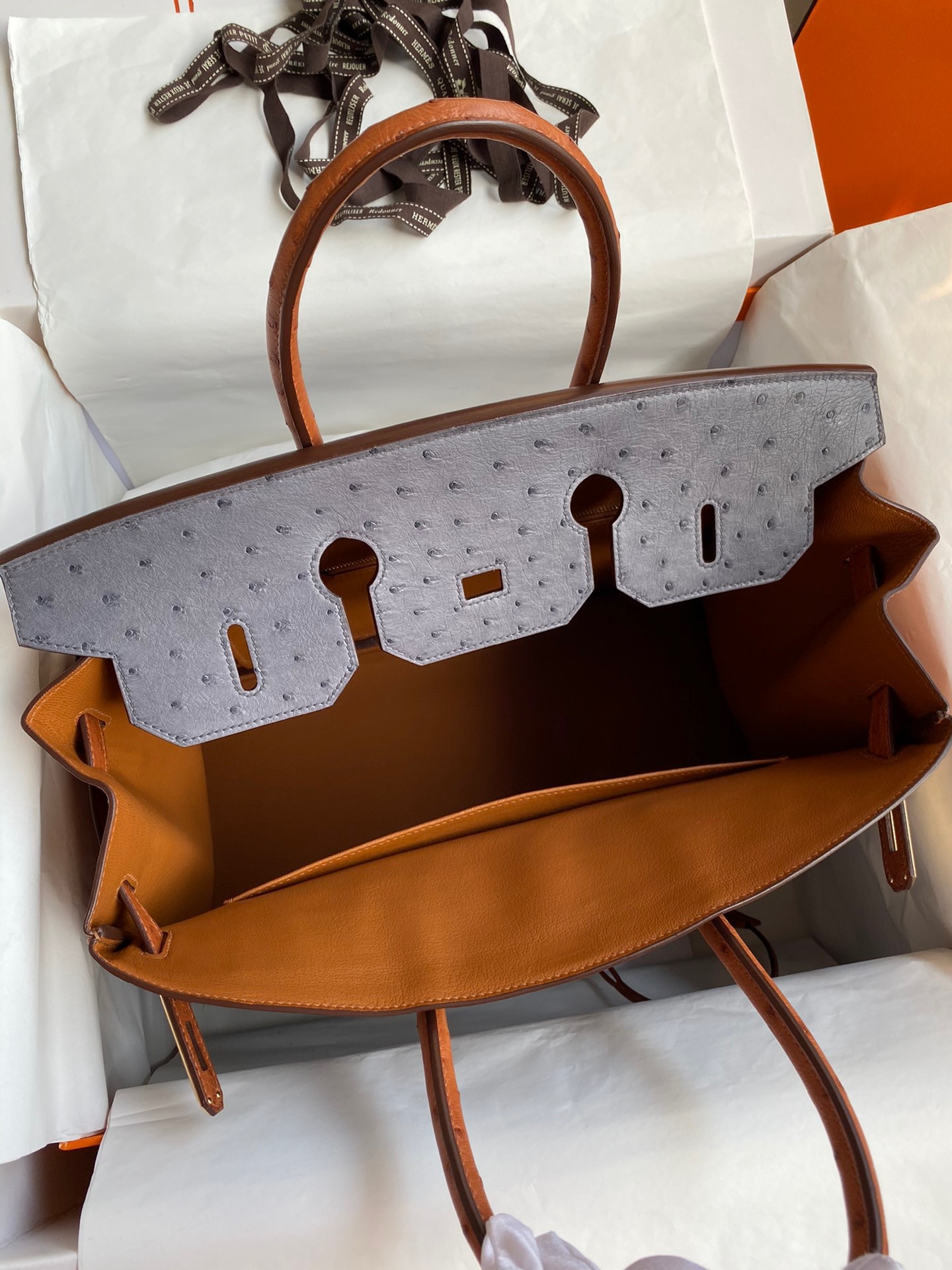 H**mes hss birkin 35 bicolor bag in gris agate and gold ostrich leather