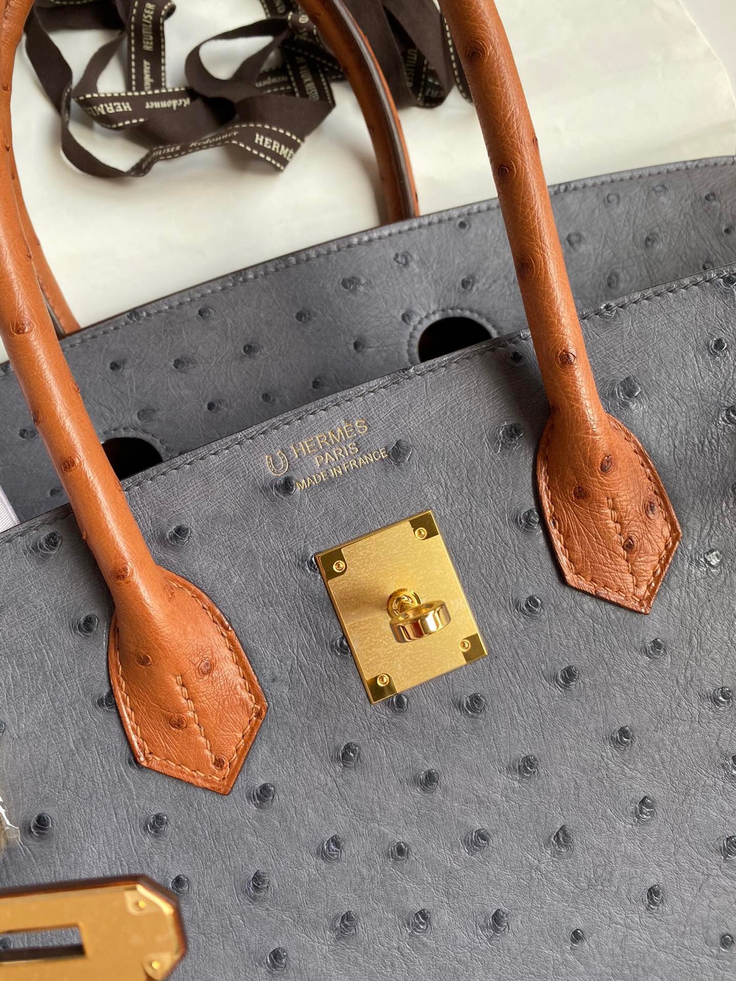 H**mes hss birkin 35 bicolor bag in gris agate and gold ostrich leather
