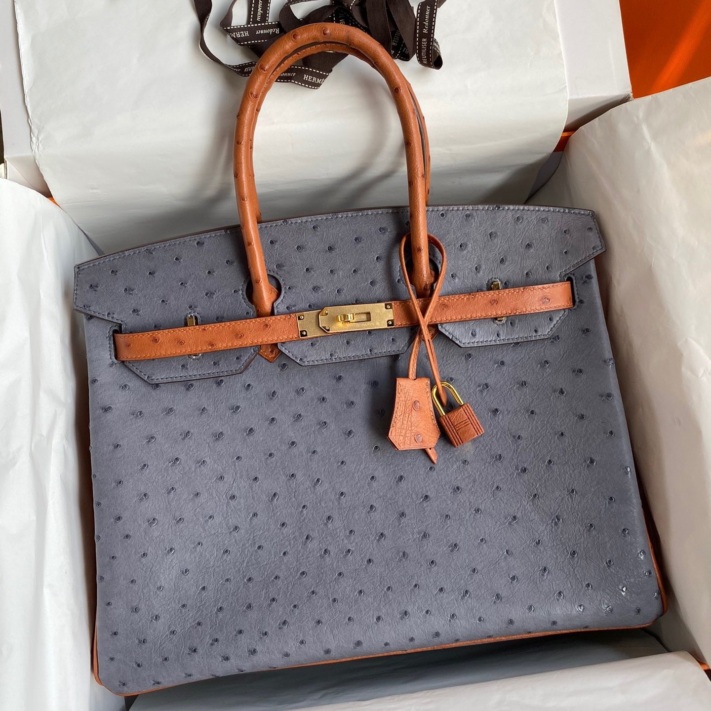 H**mes hss birkin 35 bicolor bag in gris agate and gold ostrich leather