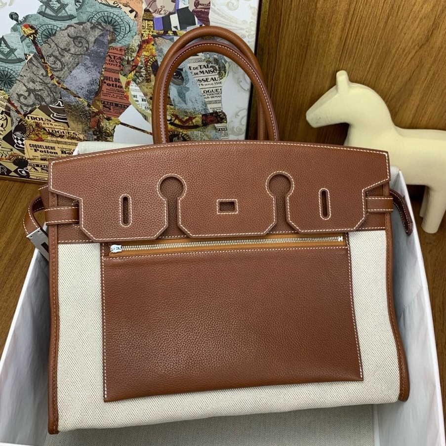 H**mes birkin à l’envers 35 bag in gold clemence leather and canvas