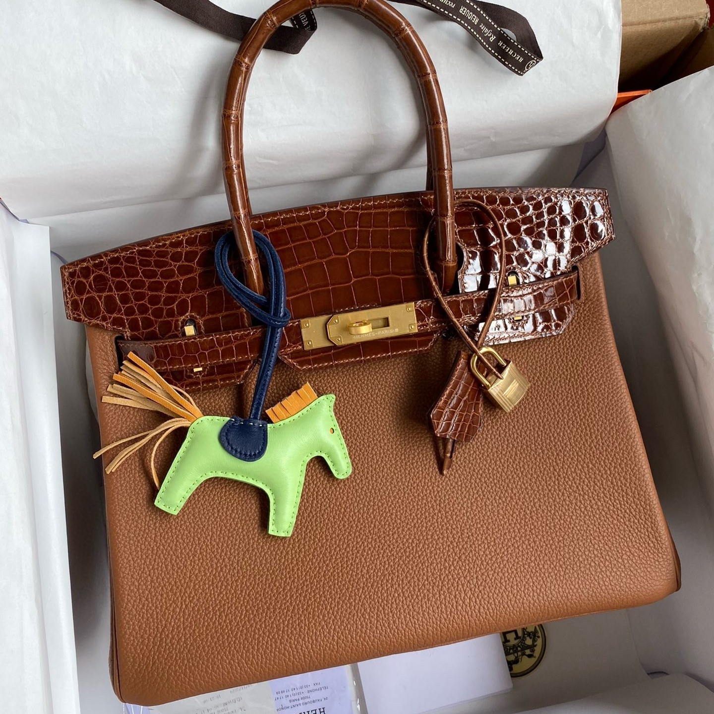 H**mes touch birkin 30 bag in gold clemence and shiny niloticus crocodile skin