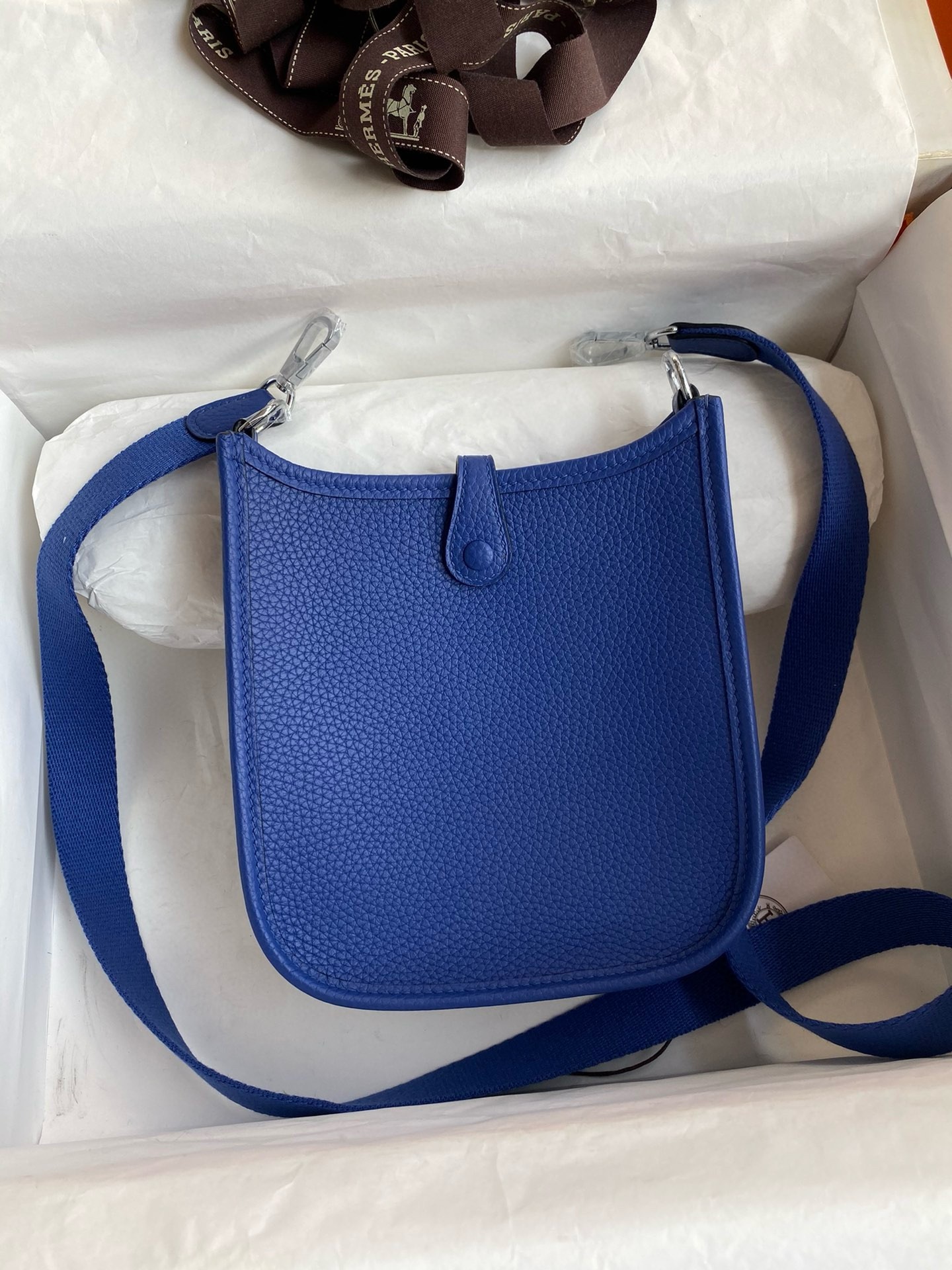 H**mes evelyne mini handmade bag in blue electric clemence leather
