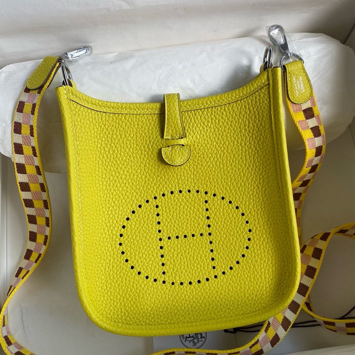 H**mes evelyne mini handmade bag in lime clemence leather