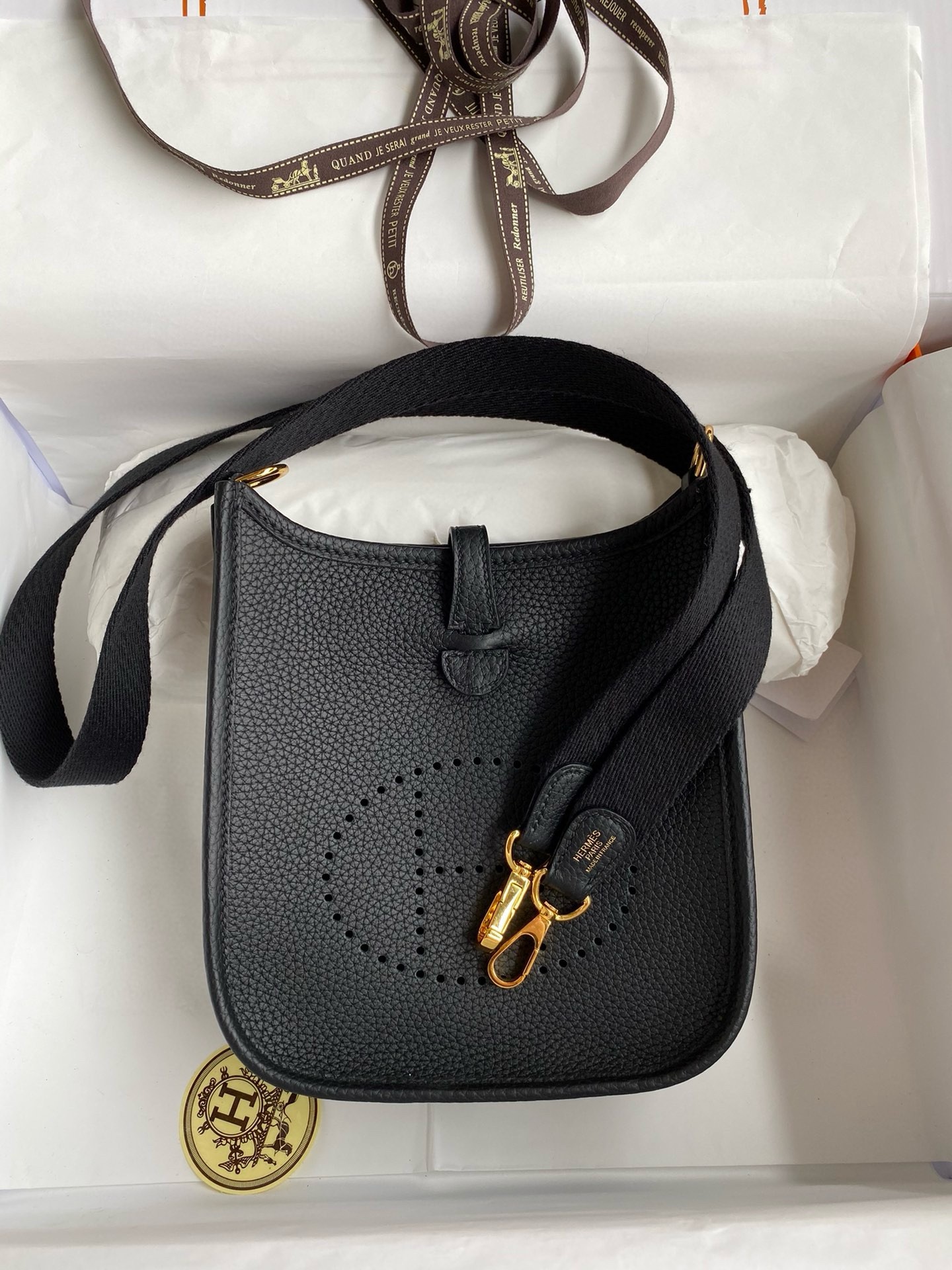 H**mes evelyne mini handmade bag in black clemence leather