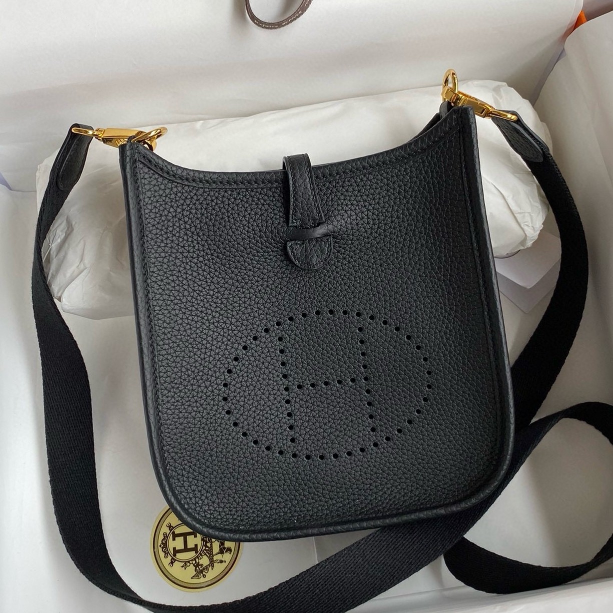 H**mes evelyne mini handmade bag in black clemence leather