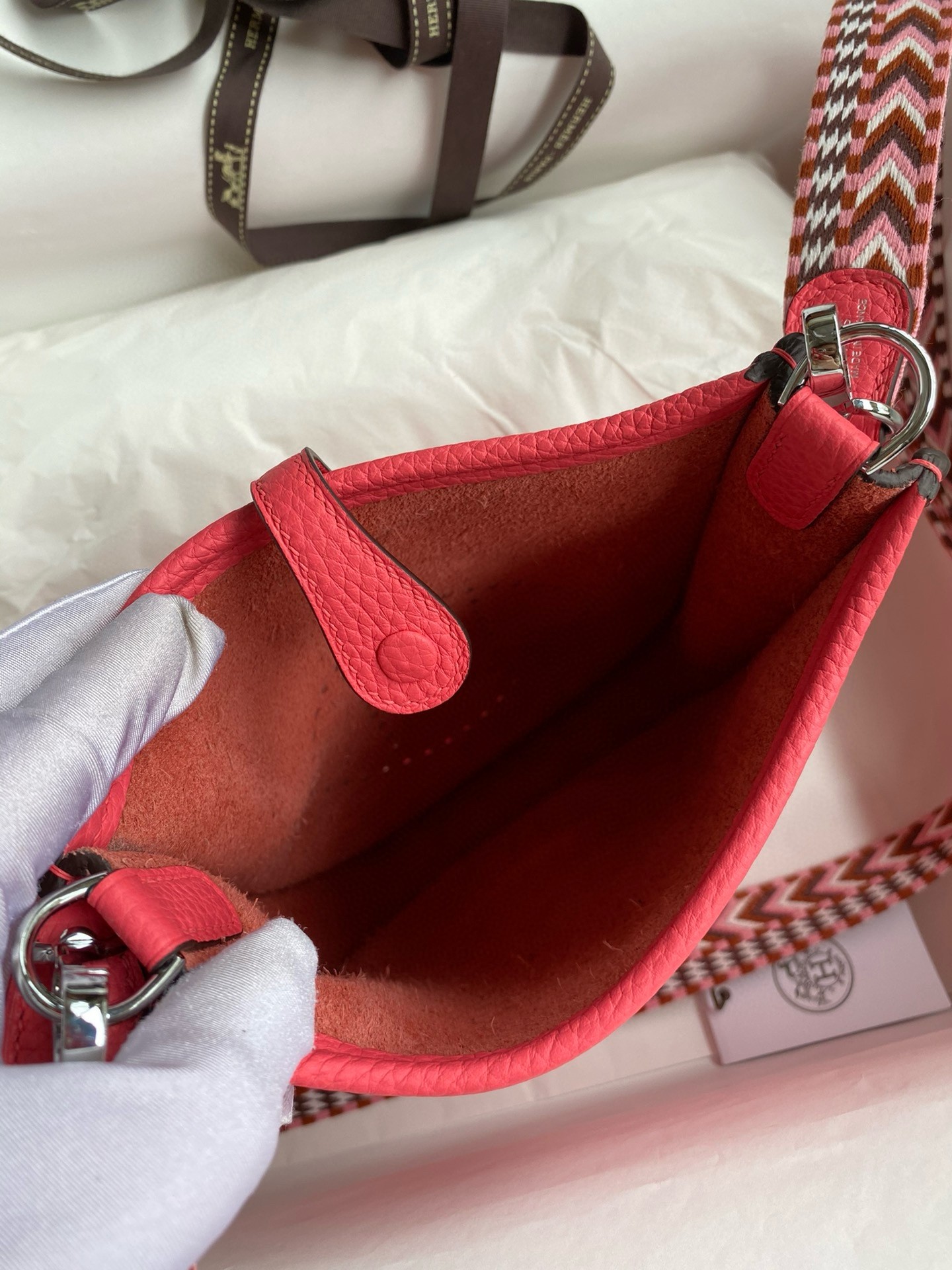 H**mes evelyne mini handmade bag in rose lipstick clemence leather