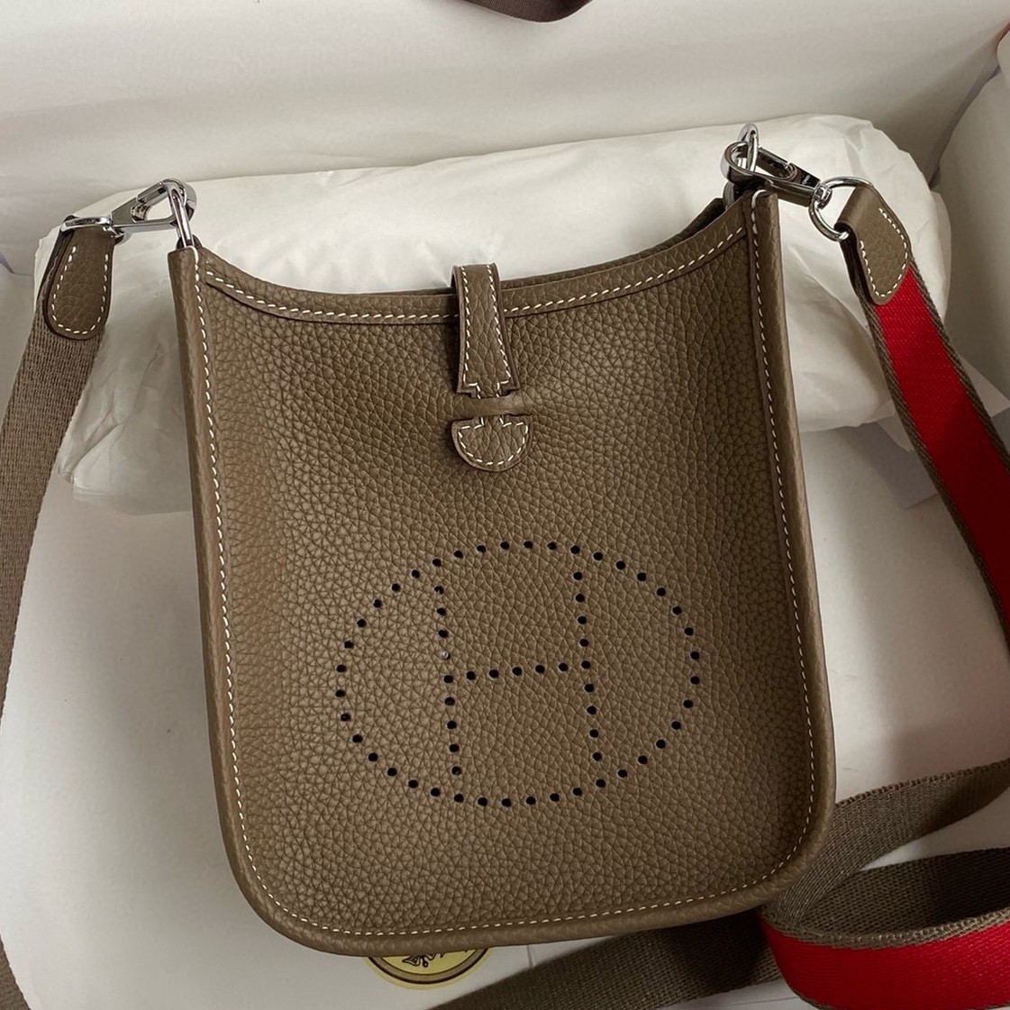 H**mes evelyne mini handmade bag in taupe clemence leather
