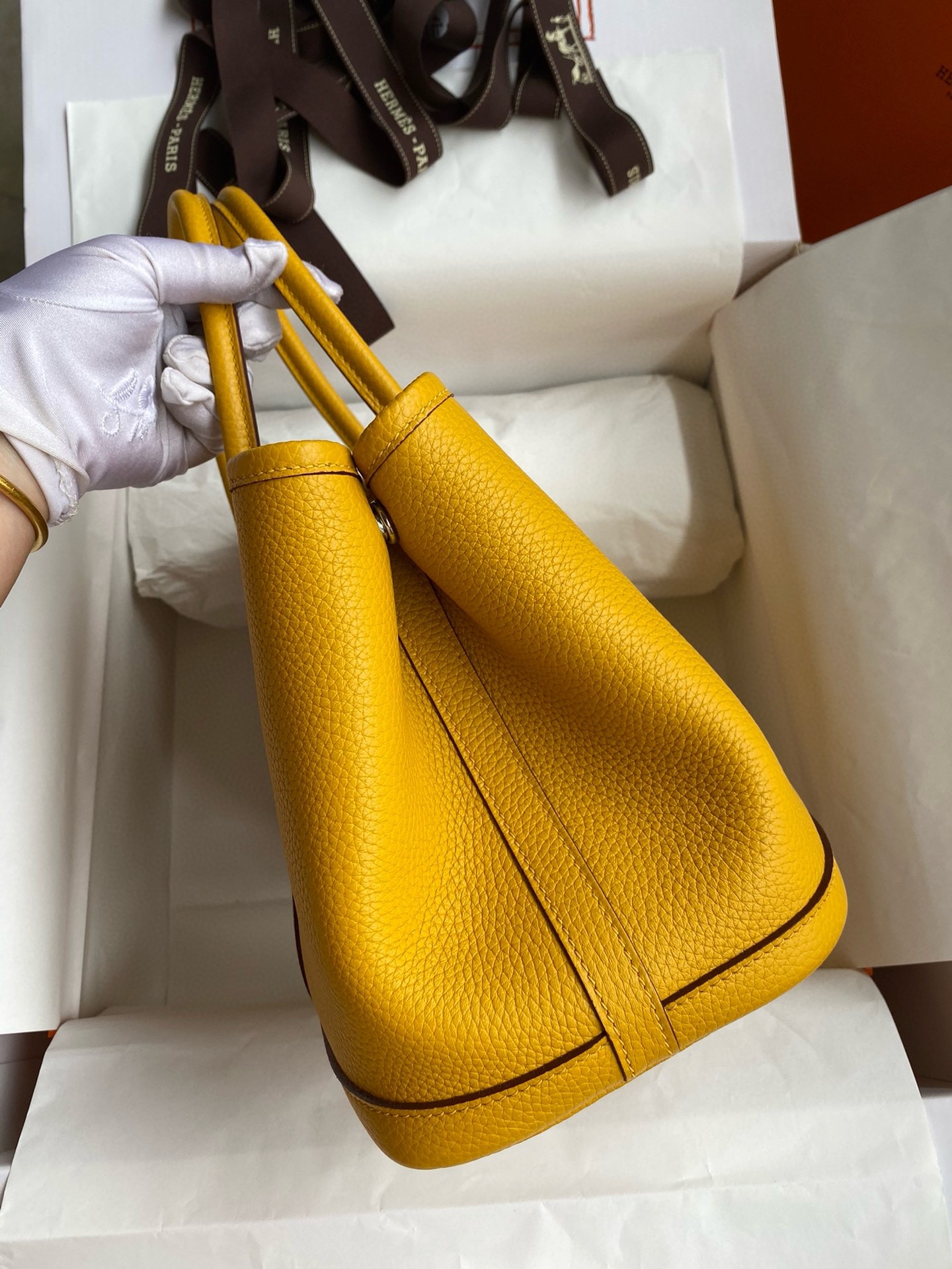 H**mes garden party 30 handmade bag in jaune ambre clemence leather