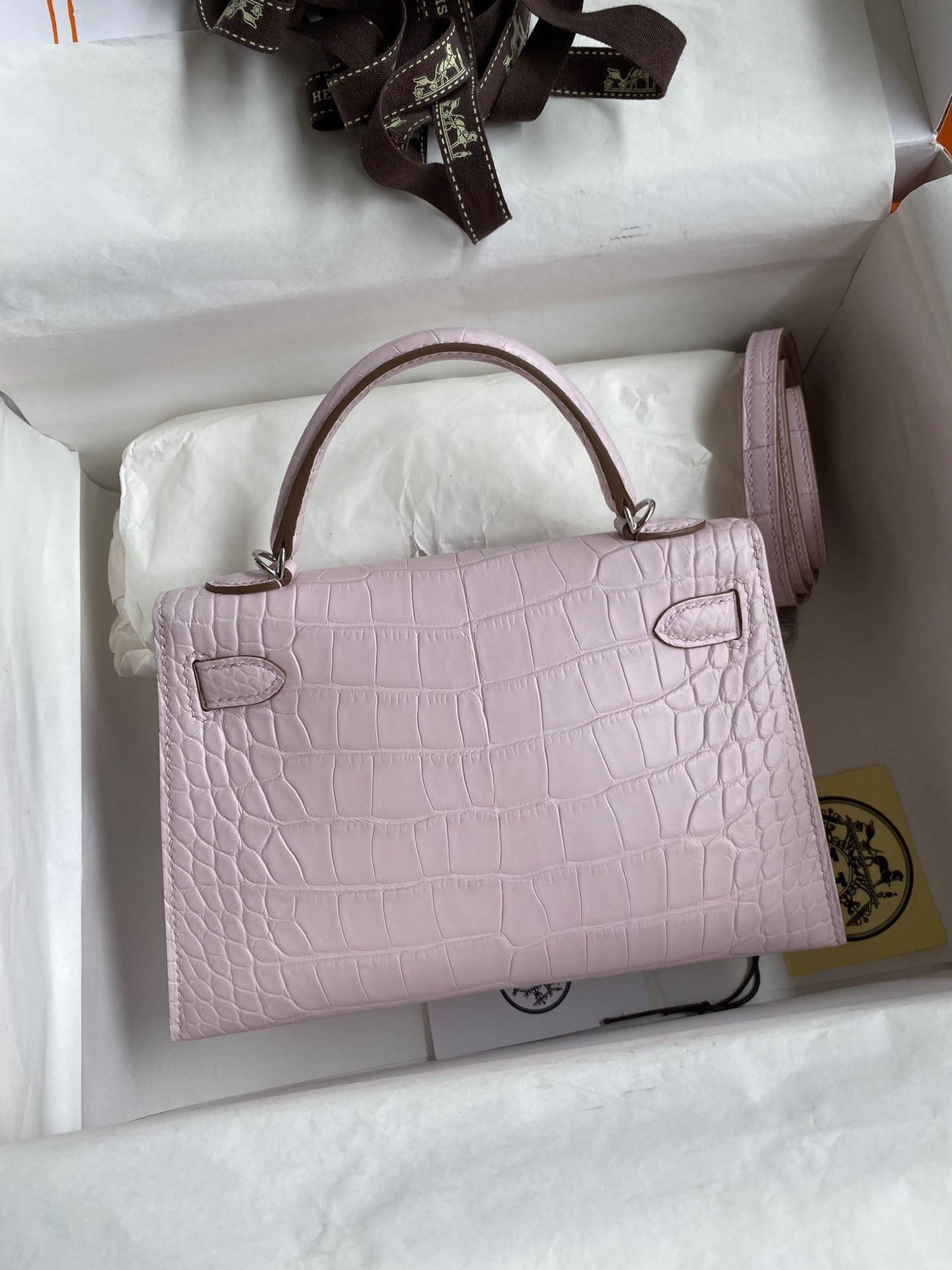 H**mes kelly mini ii sellier handmade bag in mauve pale matte alligator leathe