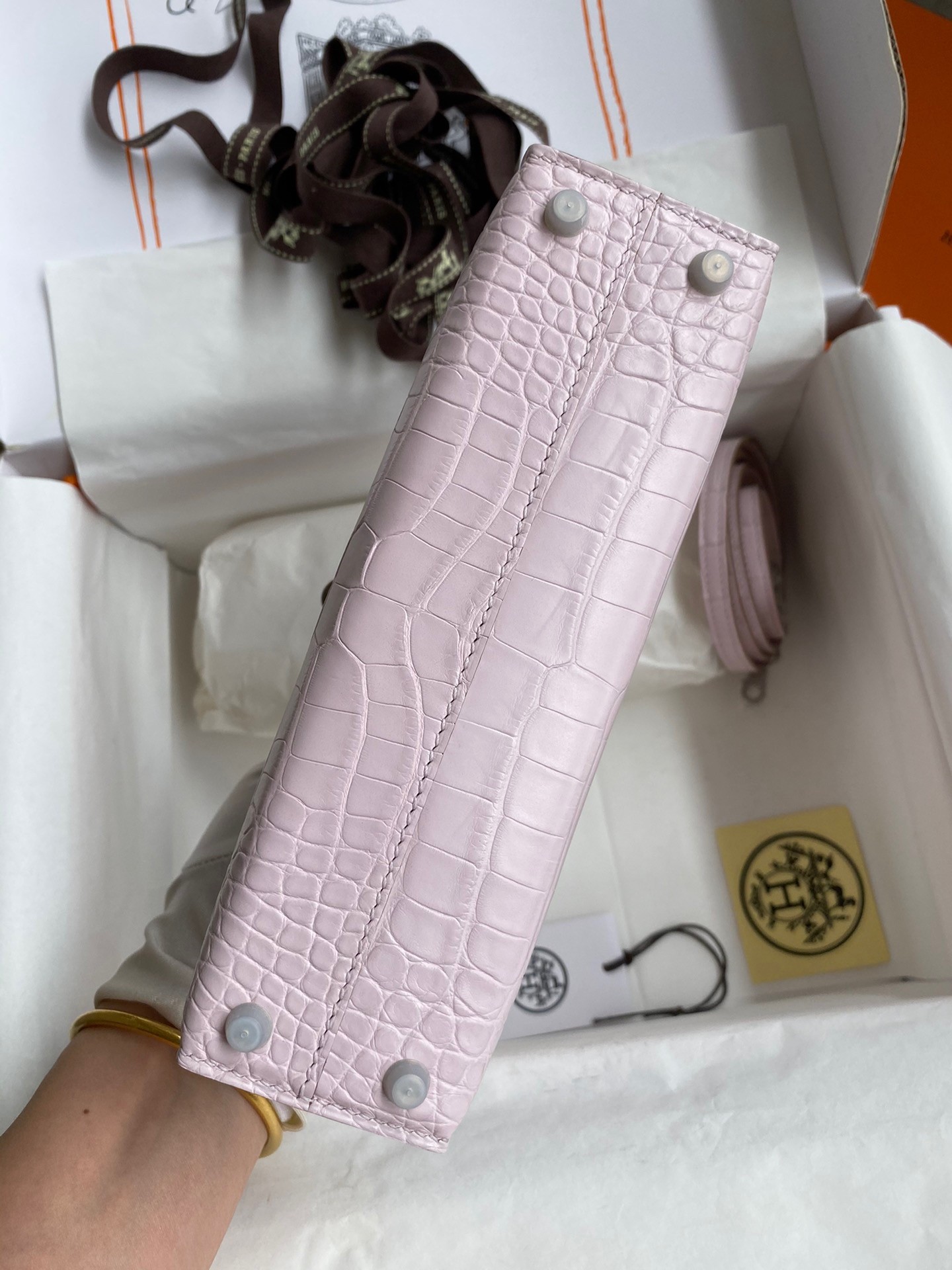 H**mes kelly mini ii sellier handmade bag in mauve pale matte alligator leathe