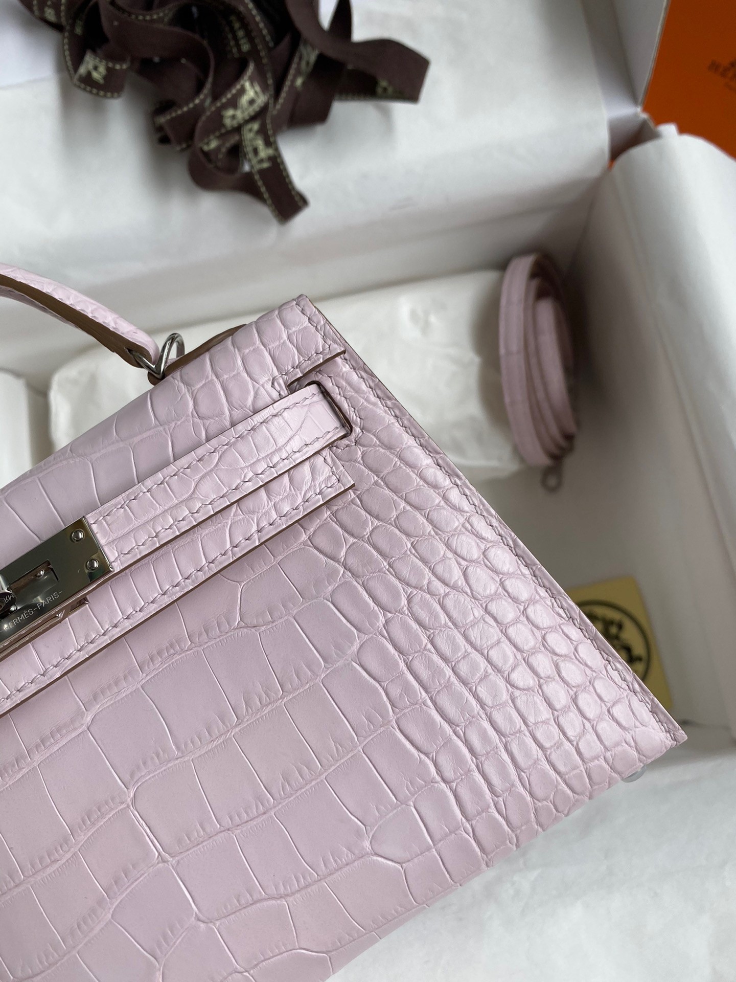 H**mes kelly mini ii sellier handmade bag in mauve pale matte alligator leathe