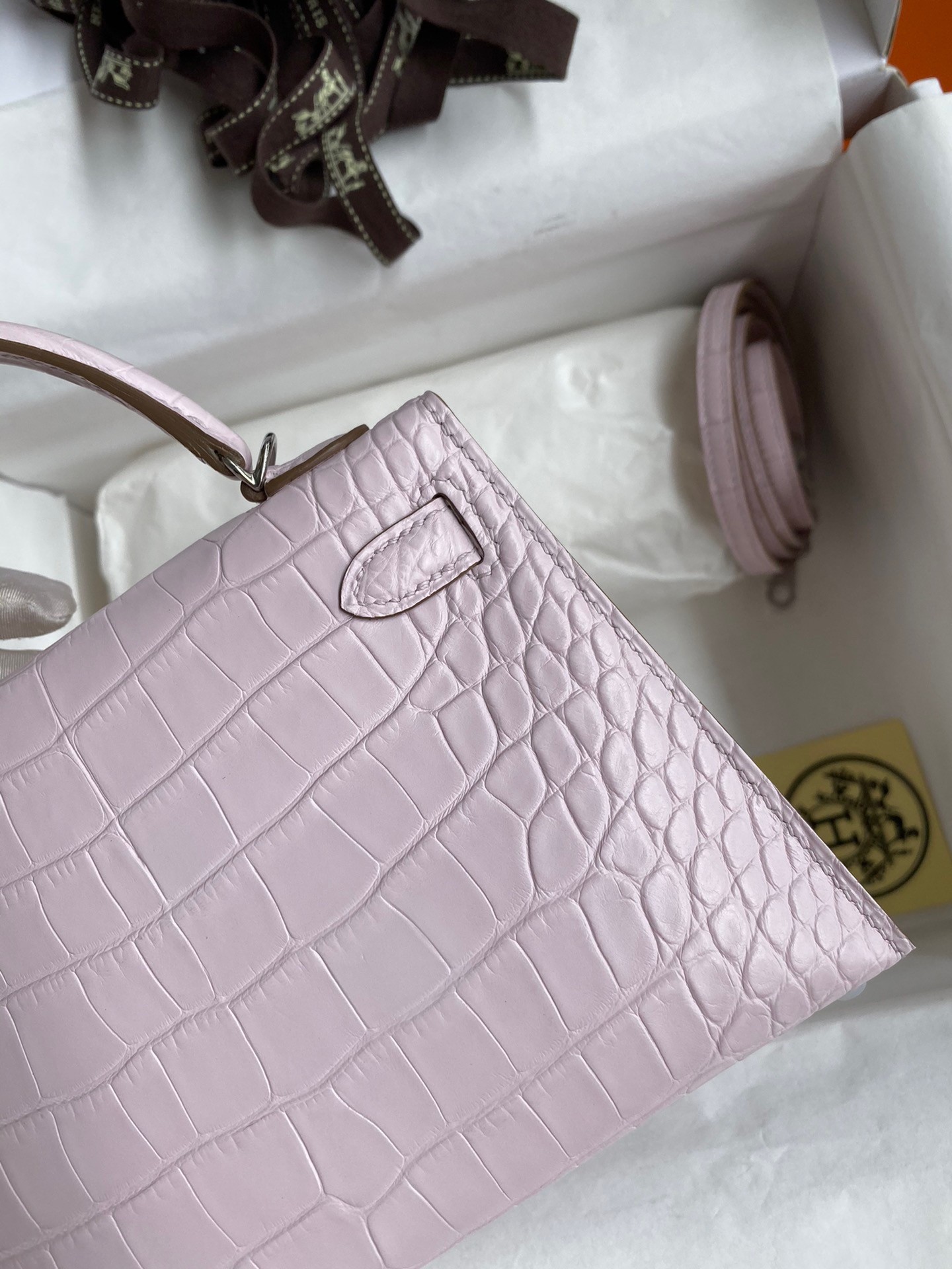 H**mes kelly mini ii sellier handmade bag in mauve pale matte alligator leathe