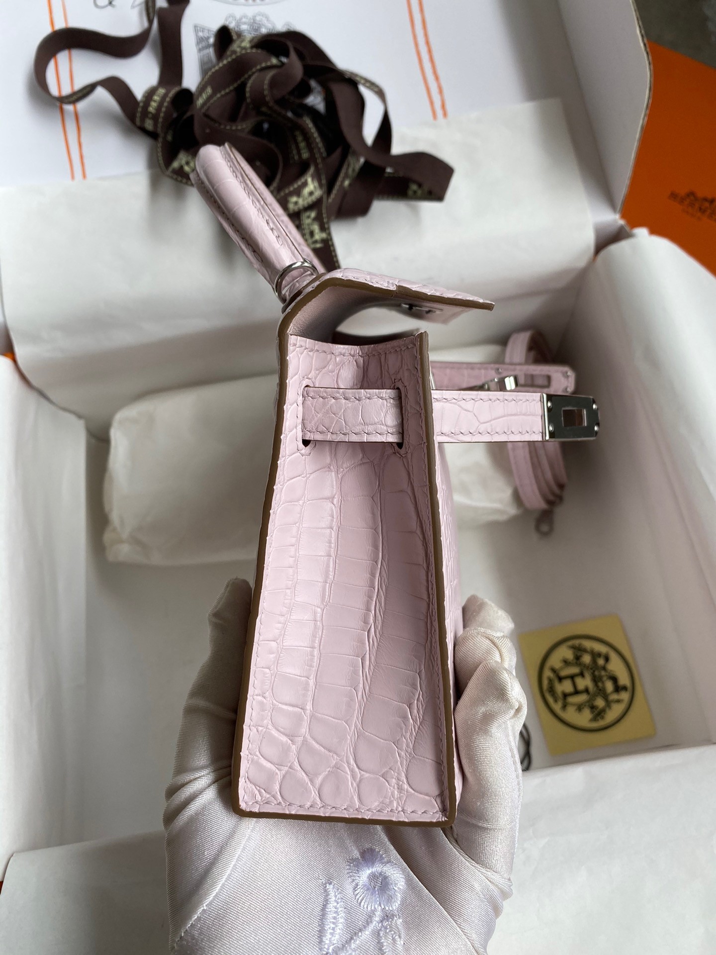 H**mes kelly mini ii sellier handmade bag in mauve pale matte alligator leathe