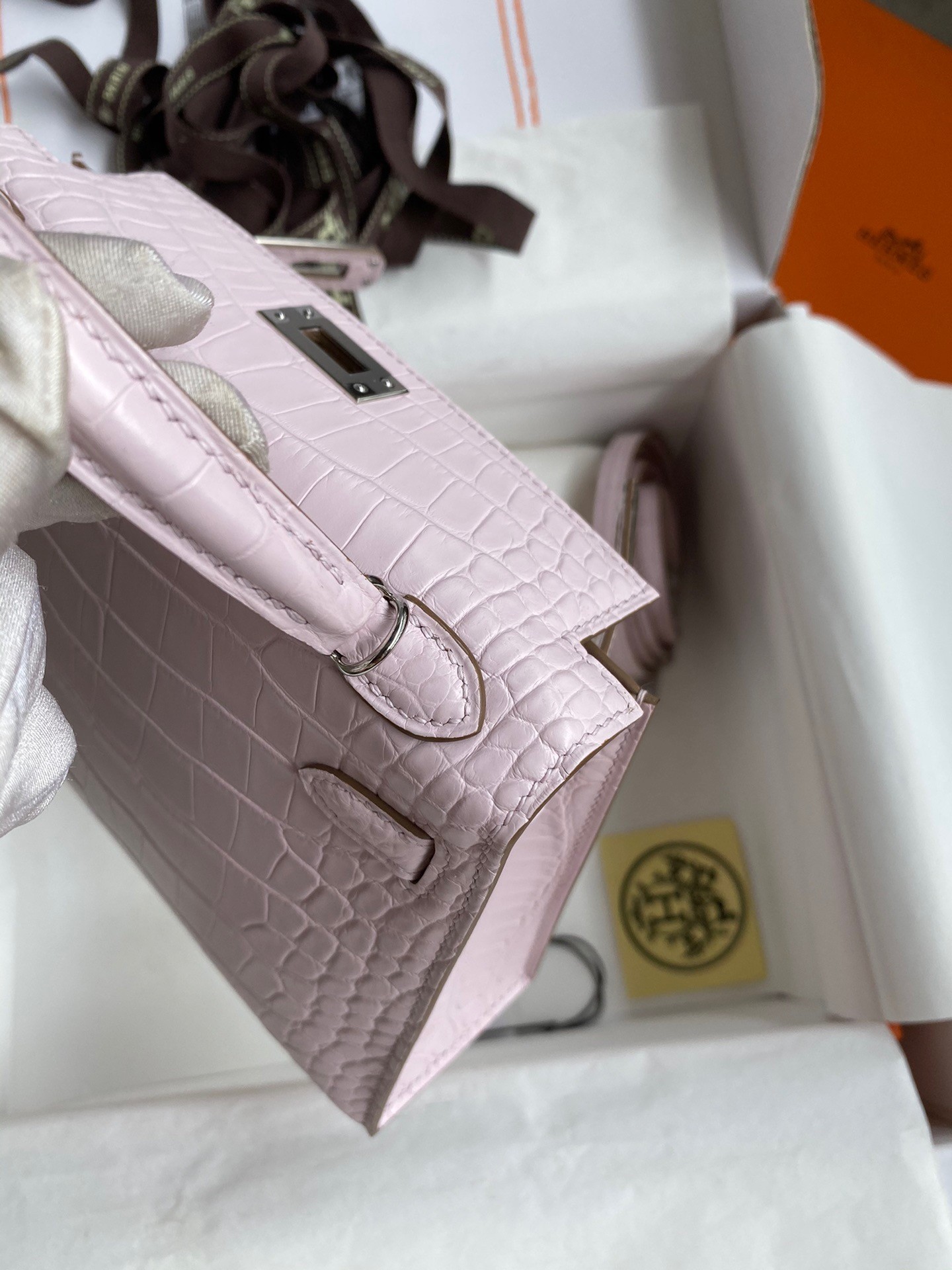 H**mes kelly mini ii sellier handmade bag in mauve pale matte alligator leathe